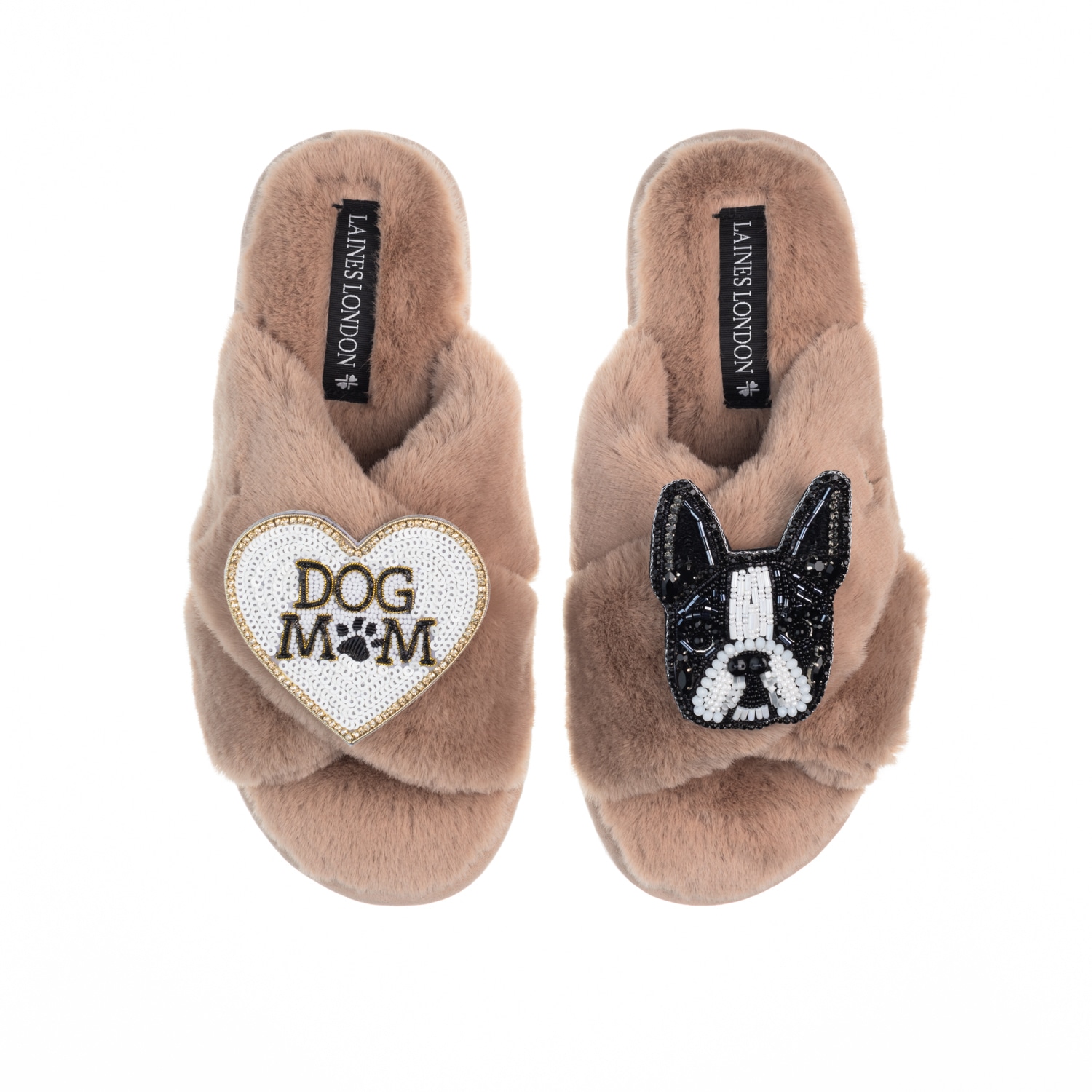 Women’s Brown Classic Laines Slippers With Buddy The Boston Terrier & Dog Mum / Mom Brooches - Toffee Medium Laines London