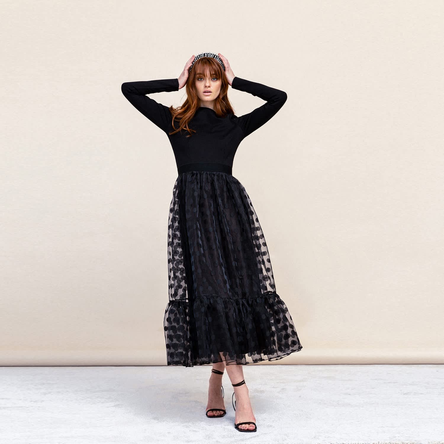 dress organza dot Black Long Sleeve Liquid Organza Polka Dot Mermaid Gown