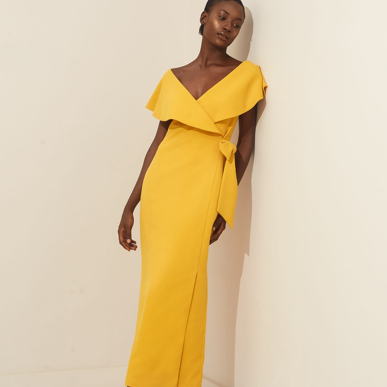 mustard midi wrap dress