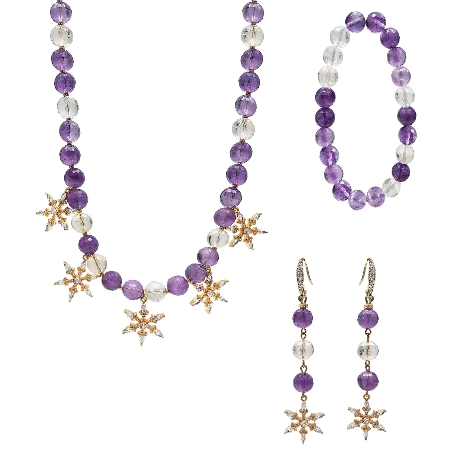 Farra Women's Purple Amethyst With Snowflake Pendant Statement Necklace And Bracelet Earrings Set In Purple