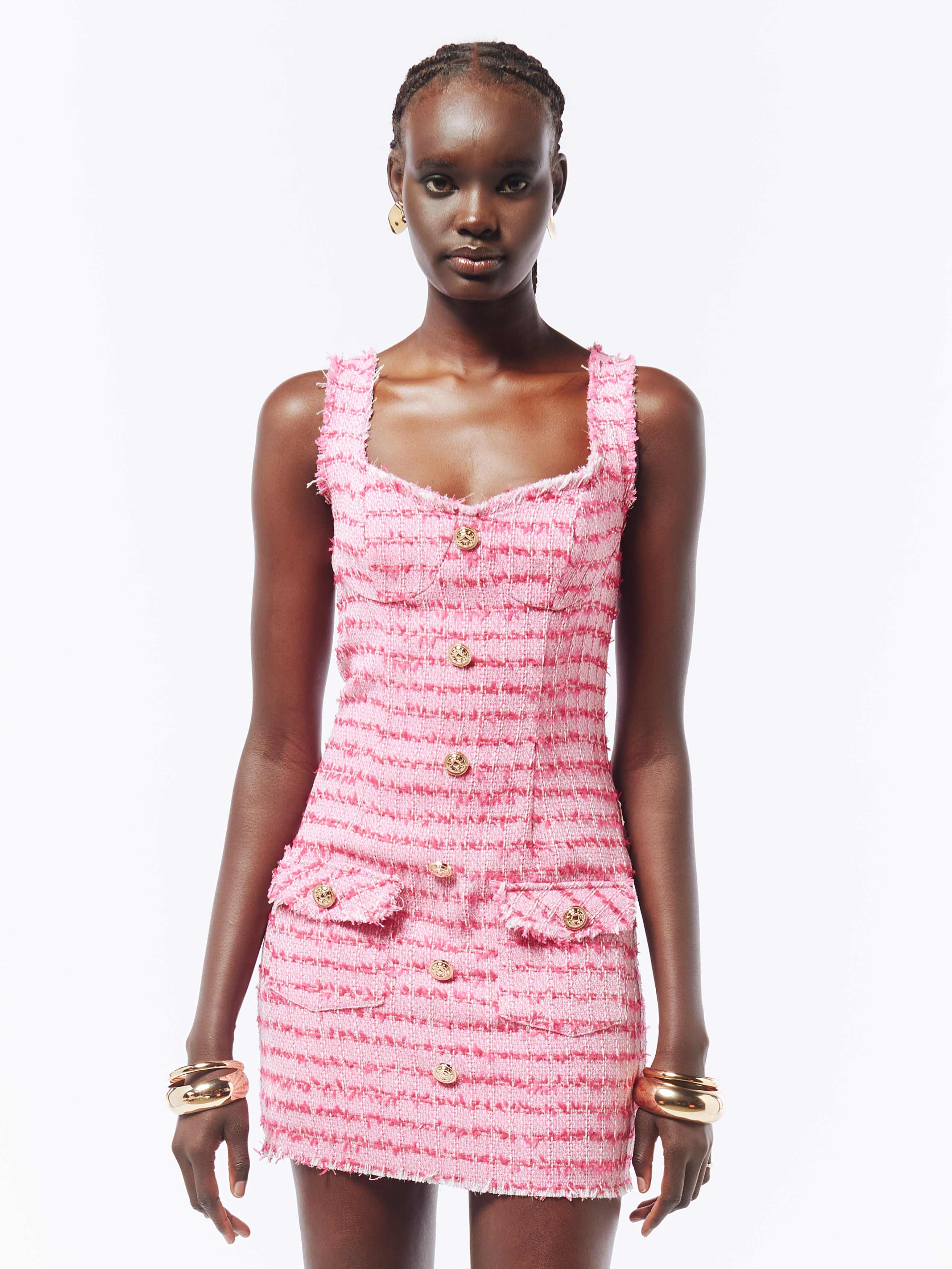 Tweed Frayed Trim Mini Dress In Pink | SOUR FIGS | Wolf & Badger