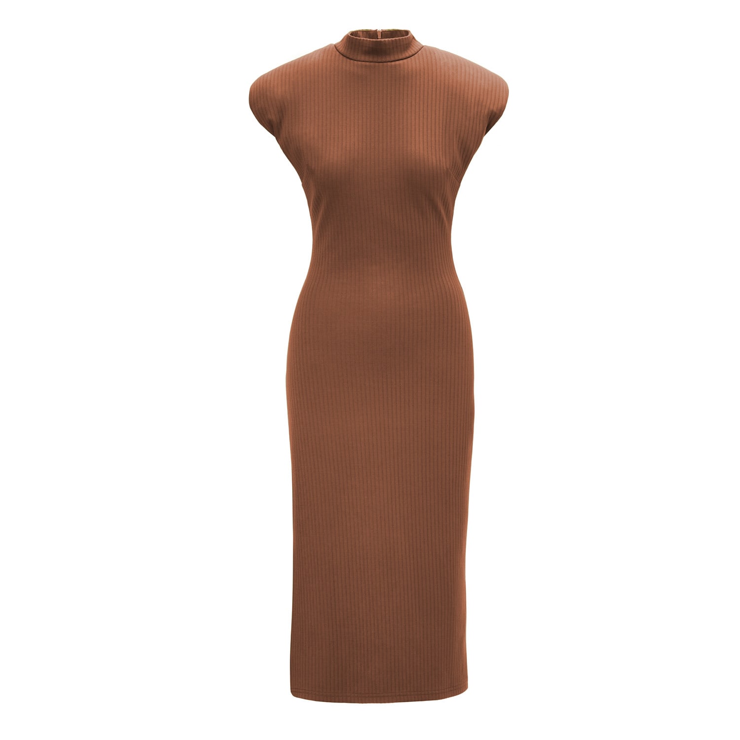 Bluzat Women's Brown Midi Dress With Oversized Shoulders And Side Slit In Brown