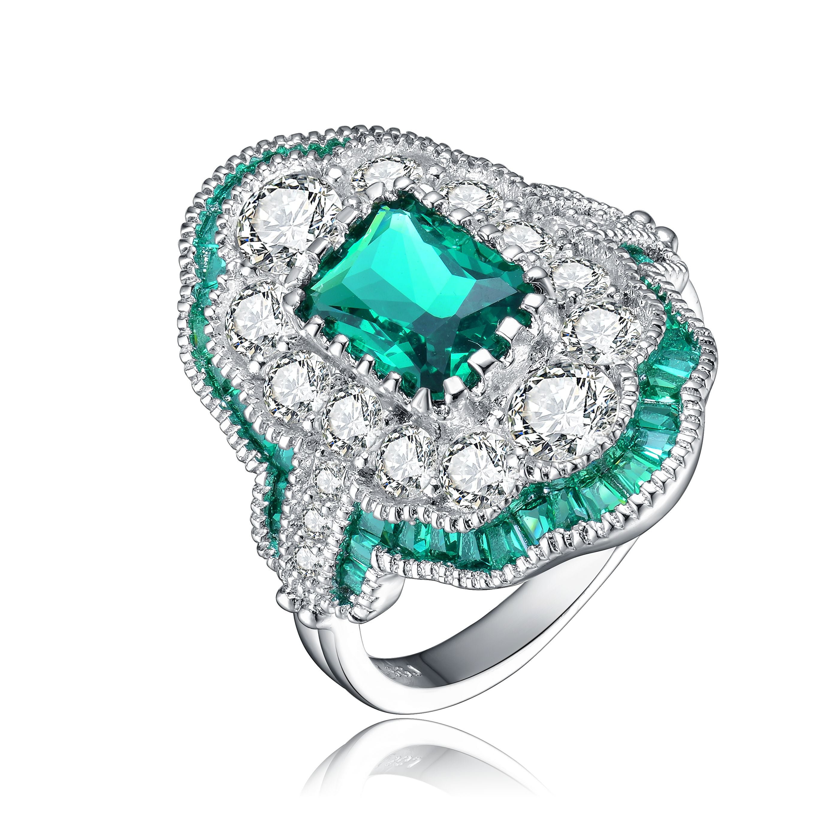 Women’s White / Silver / Green Sterling Silver Emerald Cubic Zirconia Pave Cocktail Ring Genevive Jewelry