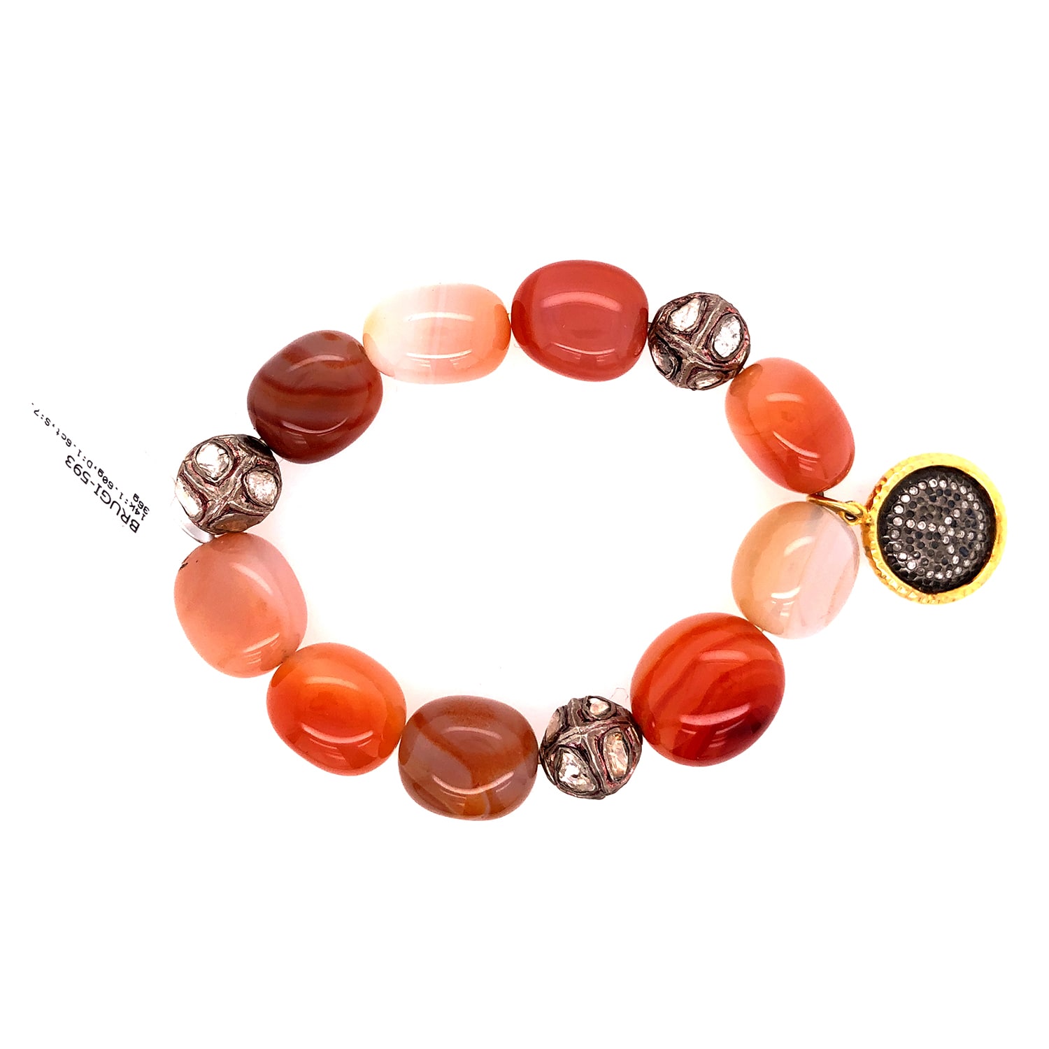 Artisan Women's Agate Bead Bracelet With Diamond Pave Peace In Gold & Silver In Gold
