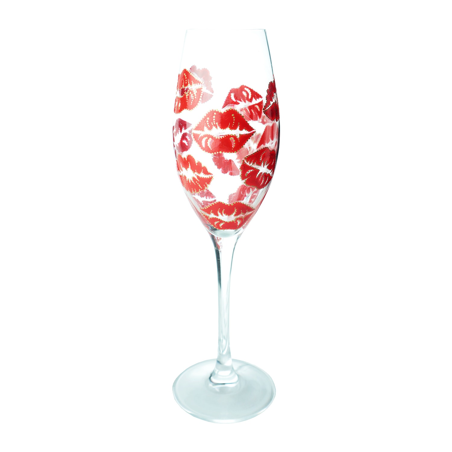 2kstyle Neutrals / Red / Gold Lips Set Of Two Hand-painted Champagne Flutes - Red In Multi
