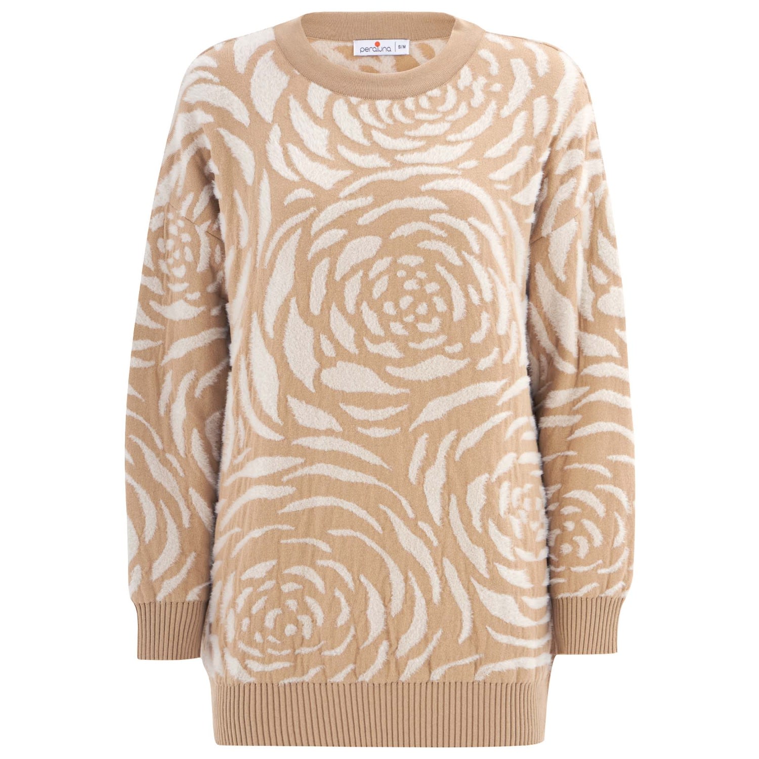 Women’s Brown Rose Patterned Knitwear Fluffy Crew Neck Sweater - Beige/Cream L/Xl Peraluna