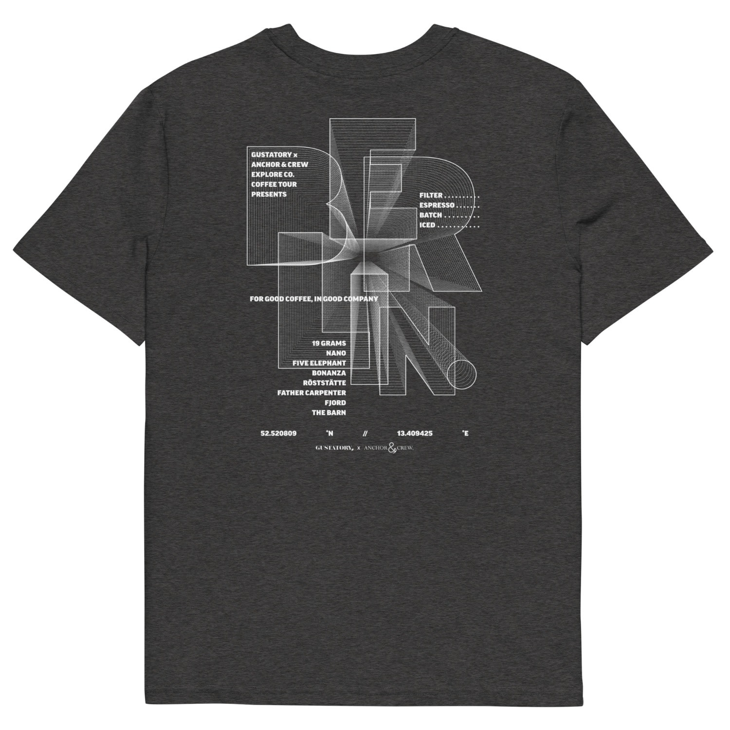 Anchor & Crew Dark Heather Grey Gustatory Berlin Coffee Scene Organic Cotton Embroidered T-shirt - Women In Grey