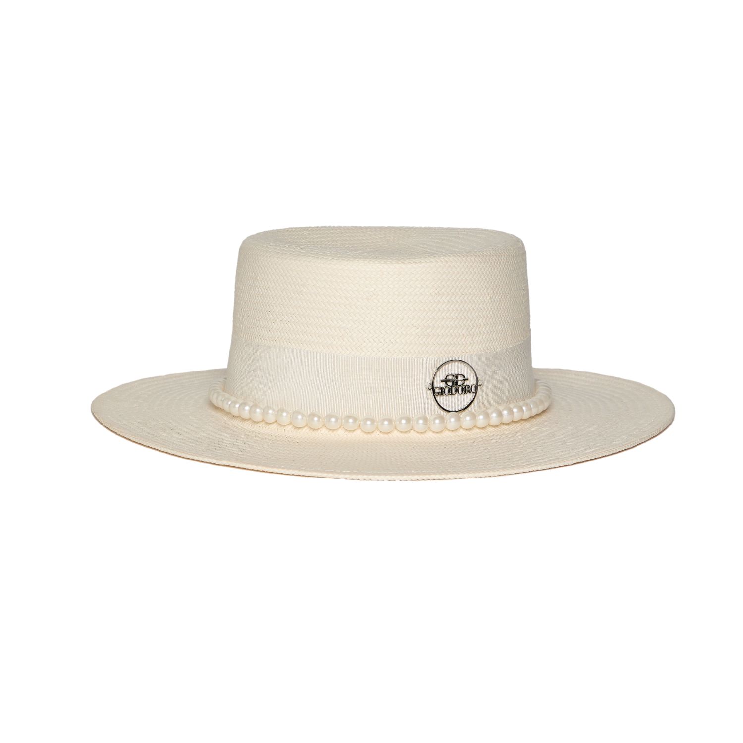 Giodoro Women's Neutrals / White Ixonio White Straw Canotier Hat With Pearls