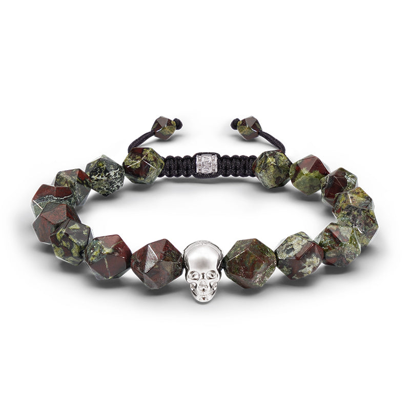 Men’s Green Dragon Blood Jasper And Skull Charm Beaded Bracelet Awnl