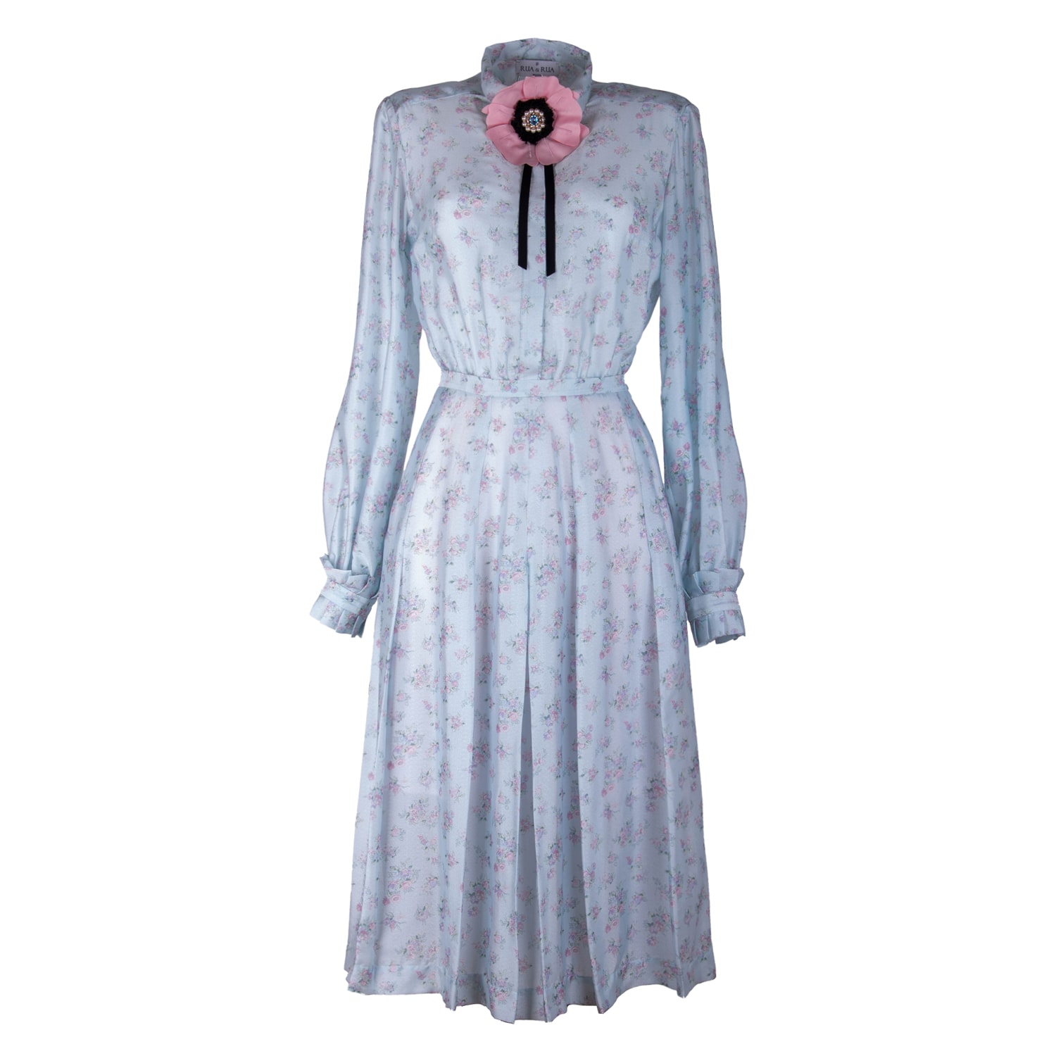 Rua & Rua Women's Midi Silk Dress With Flower Brooch Multicolour In Blue