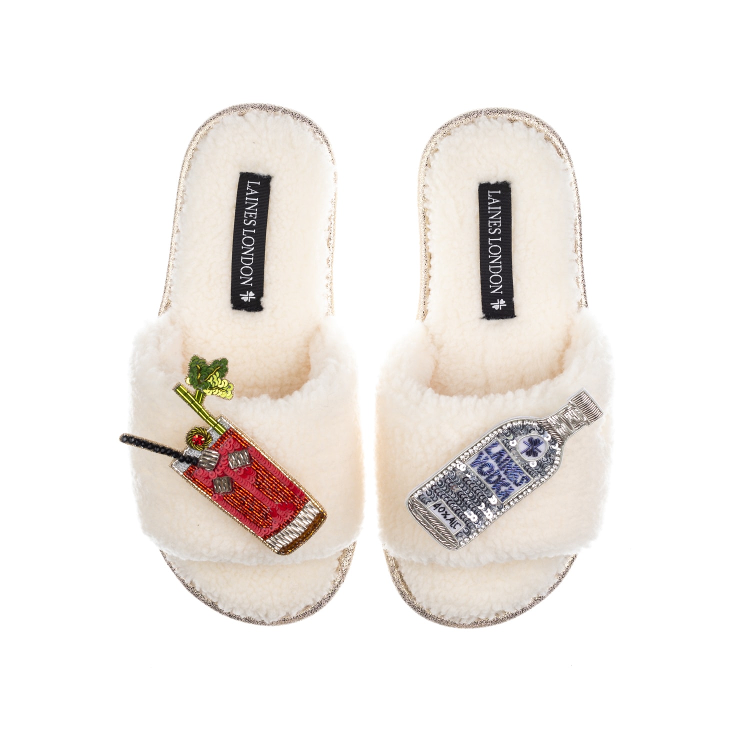 Laines London Women's White Teddy Toweling Slipper Sliders With Bloody Mary Brooches - Cream In White