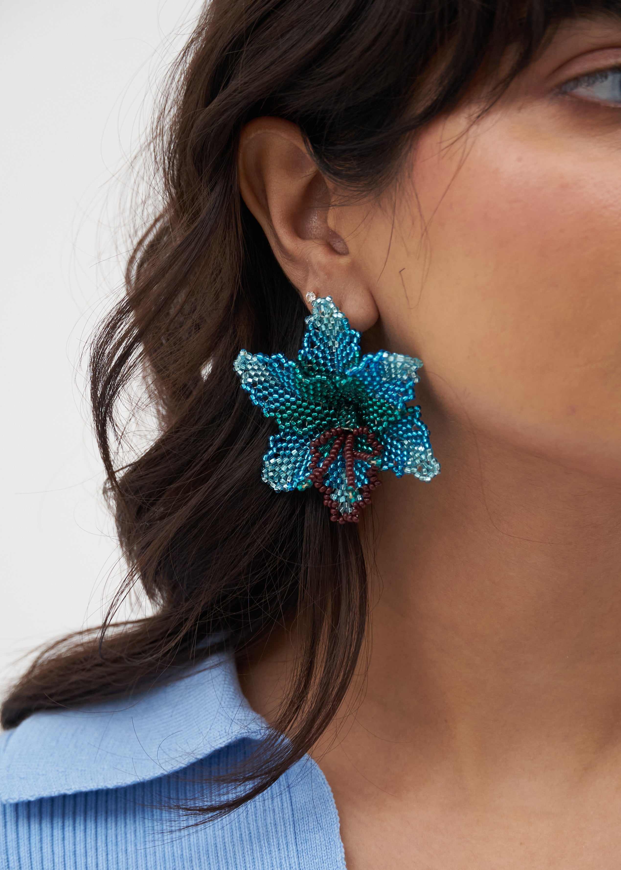 Selva | Beaded Mini Blue Orchid Bead Earrings | Manuela Cabrales