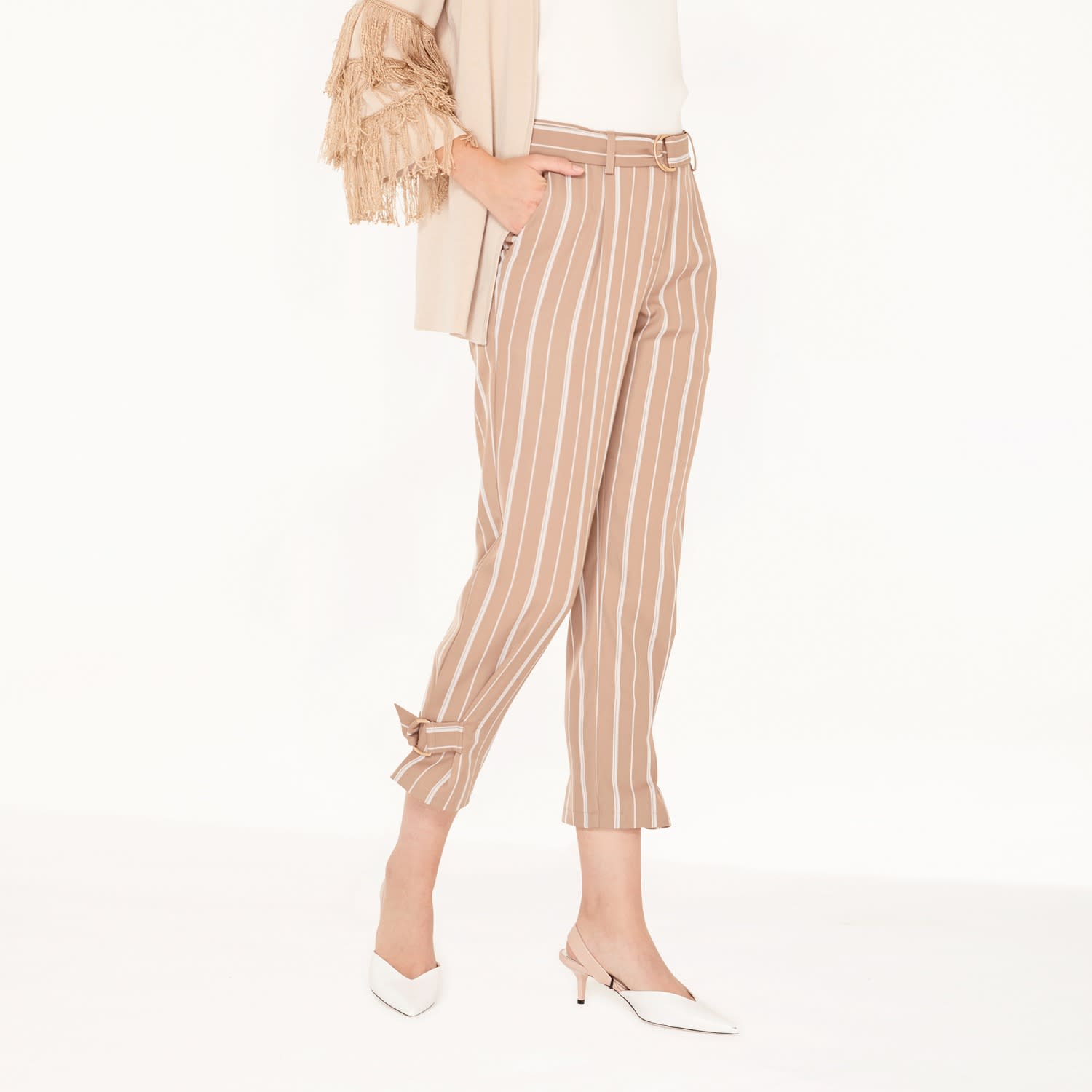 pink and white striped trousers