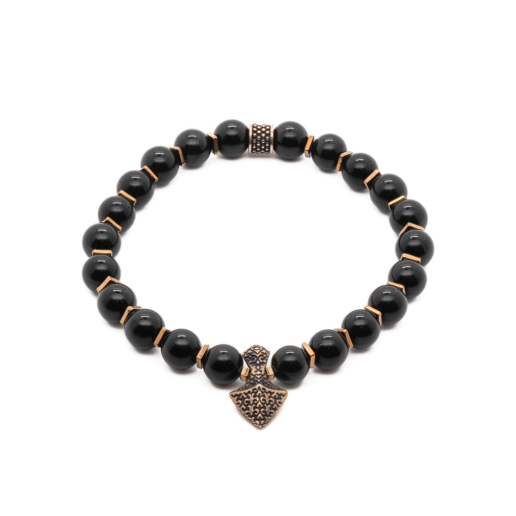 Gold / Black Arrow Black Onyx Stone Men’s Beaded Bracelet - Black Ebru Jewelry
