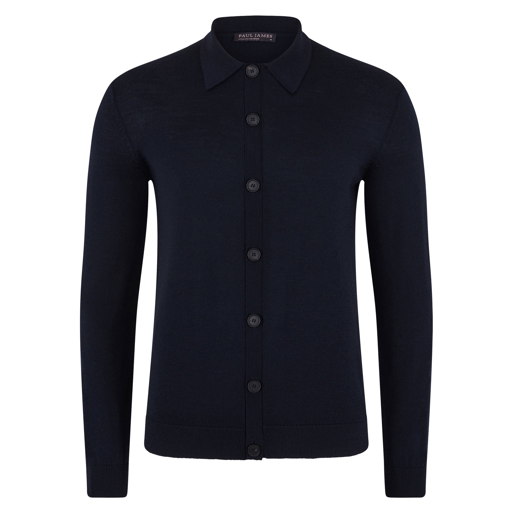 PAUL JAMES KNITWEAR BLUE MENS EXTRA FINE MERINO WOOL CASSIUS POLO CARDIGAN - NAVY
