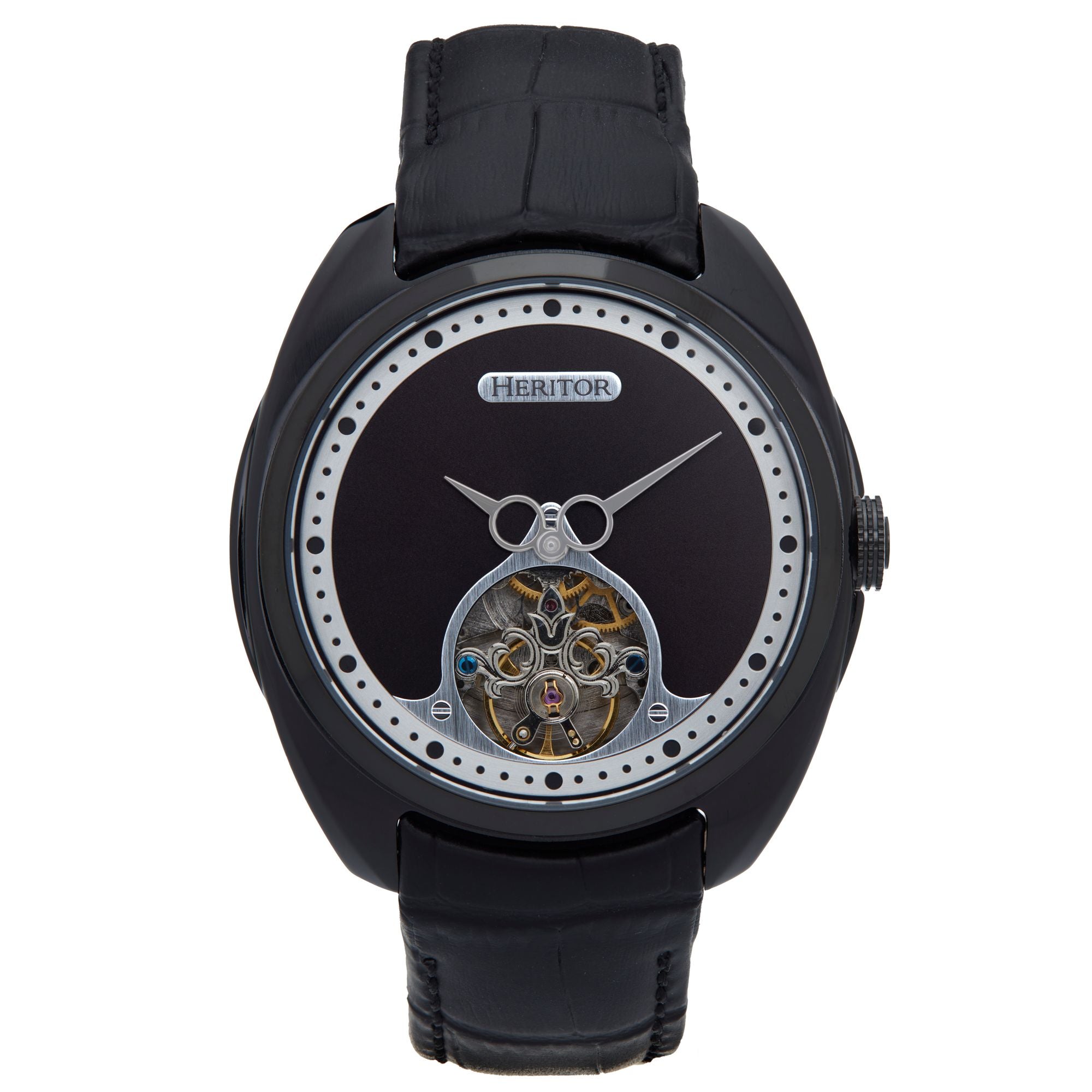Heritor Automatic Men's Roman Semi-skeleton Leather-band Watch - Black In Black
