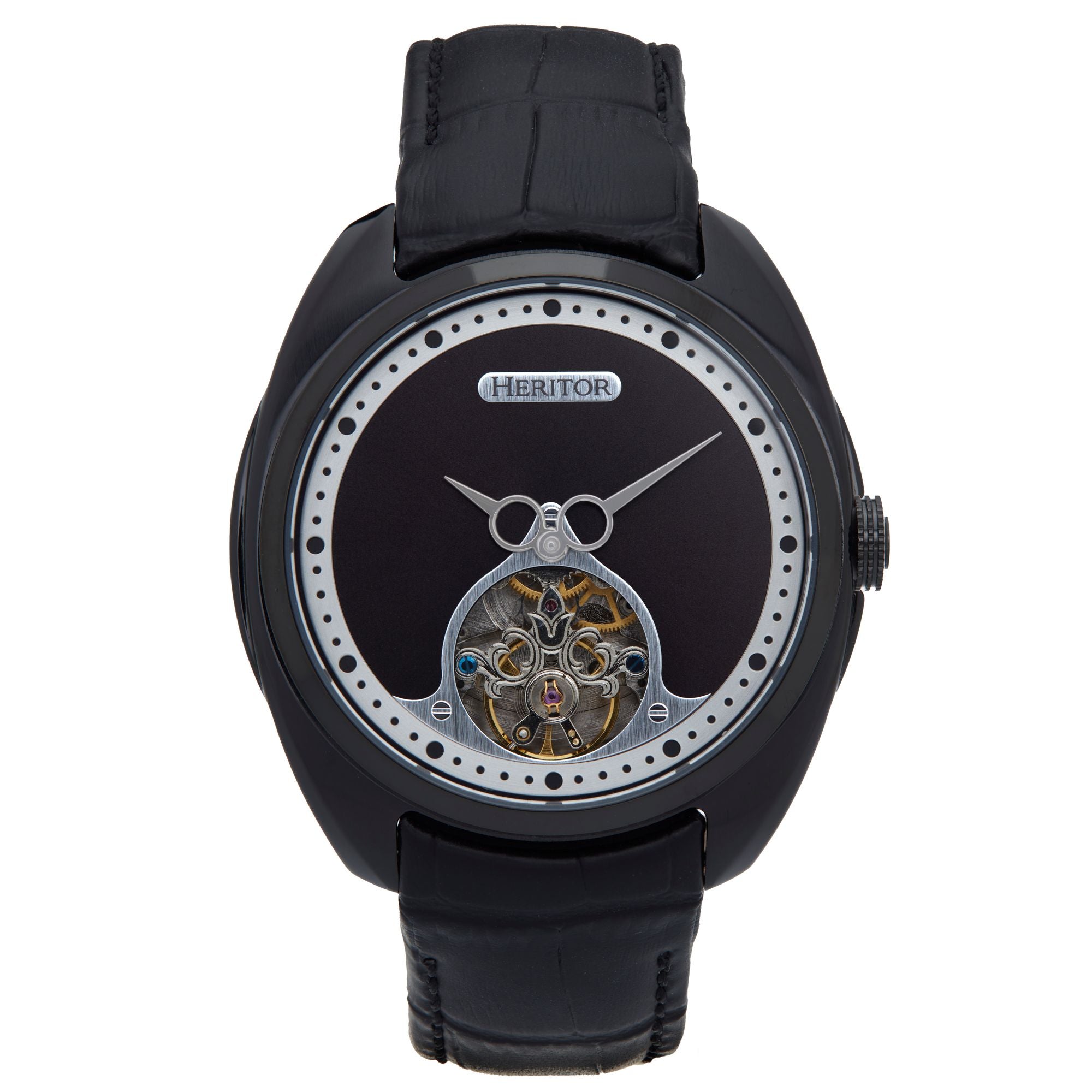 Men’s Roman Semi-Skeleton Leather-Band Watch - Black One Size Heritor Automatic