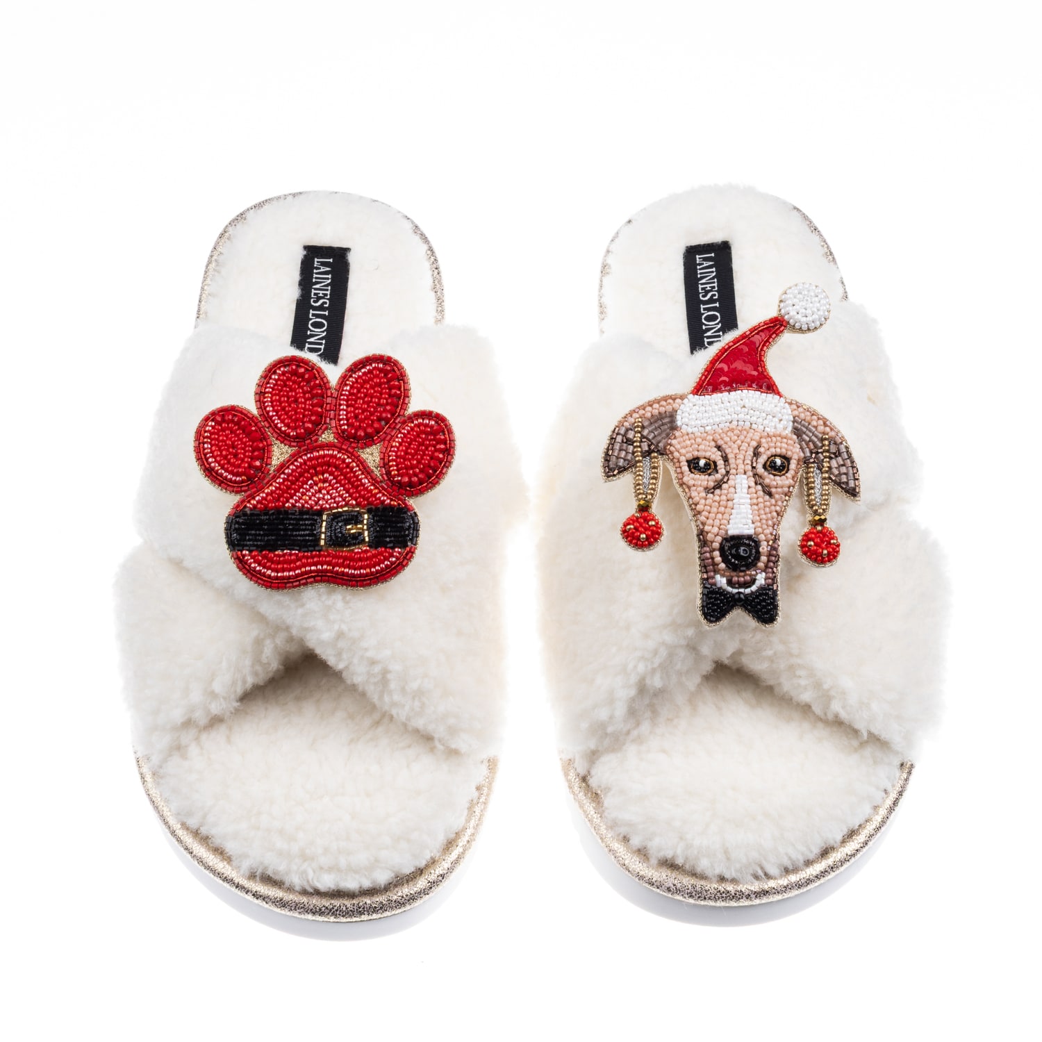 Laines London Women's Neutrals / White Laines Boucle Slippers With Christmas Greyhound & Paw Brooches - Cream In White