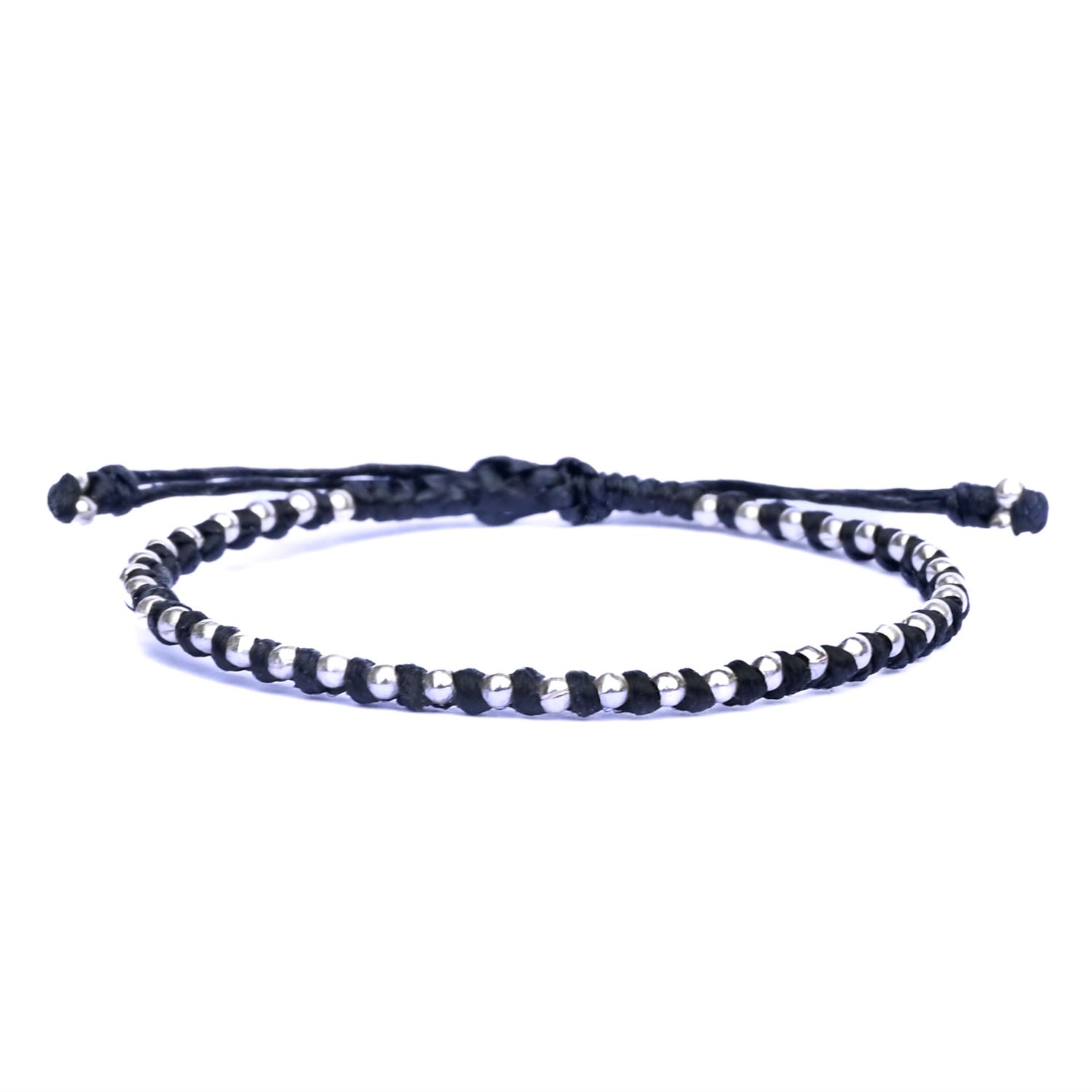 Harbour Uk Bracelets Women's Delicate Handmade Black Friendship Bracelet With Tiny Silver Beads - Spitafields In Black