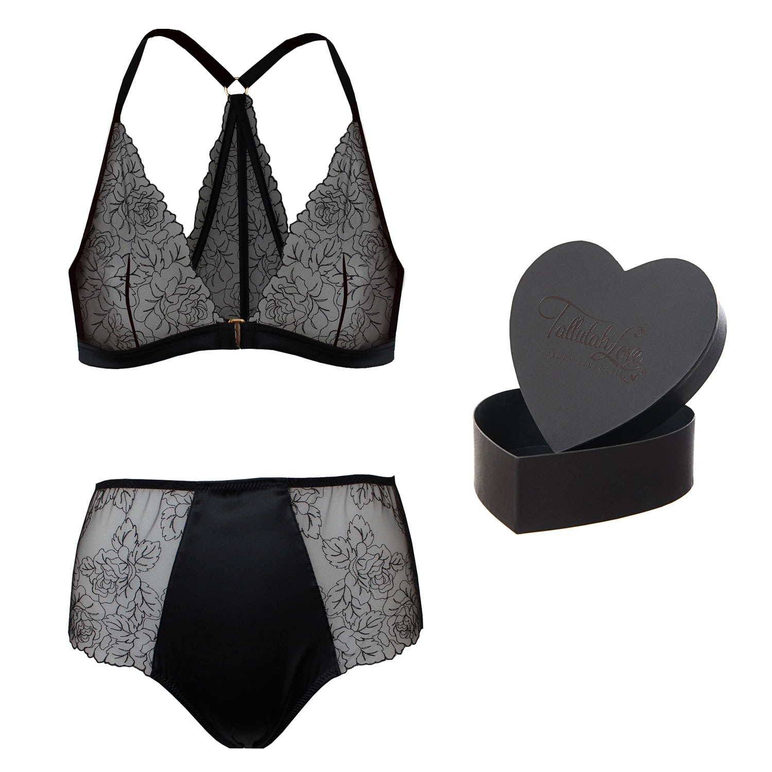Tallulah Love Women's Black Midnight Rose Gift Set: Bralette,high-waisted Brief & Heart Box In Black