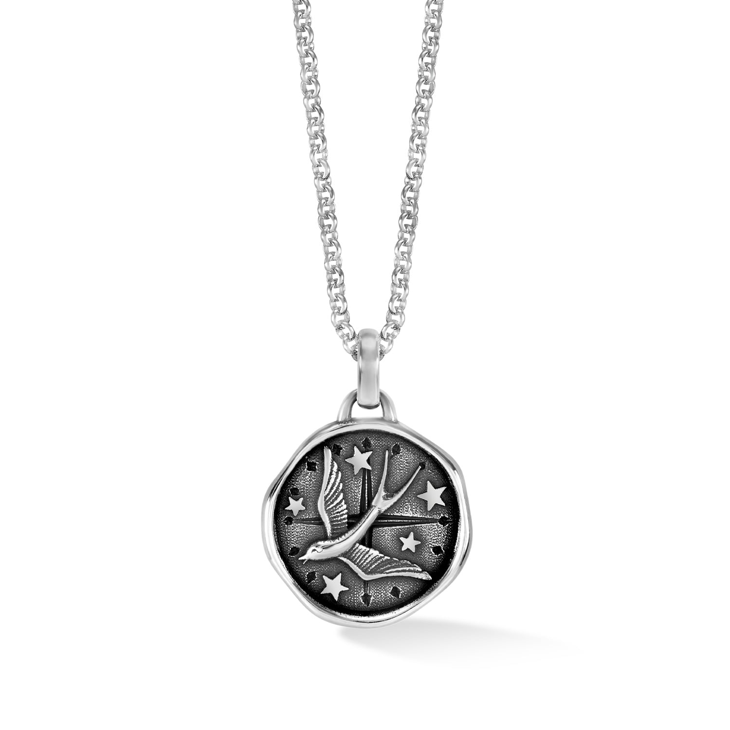 Dower & Hall Men's Flying Swallow Talisman Necklace In Oxidised Sterling Silver In Metallic
