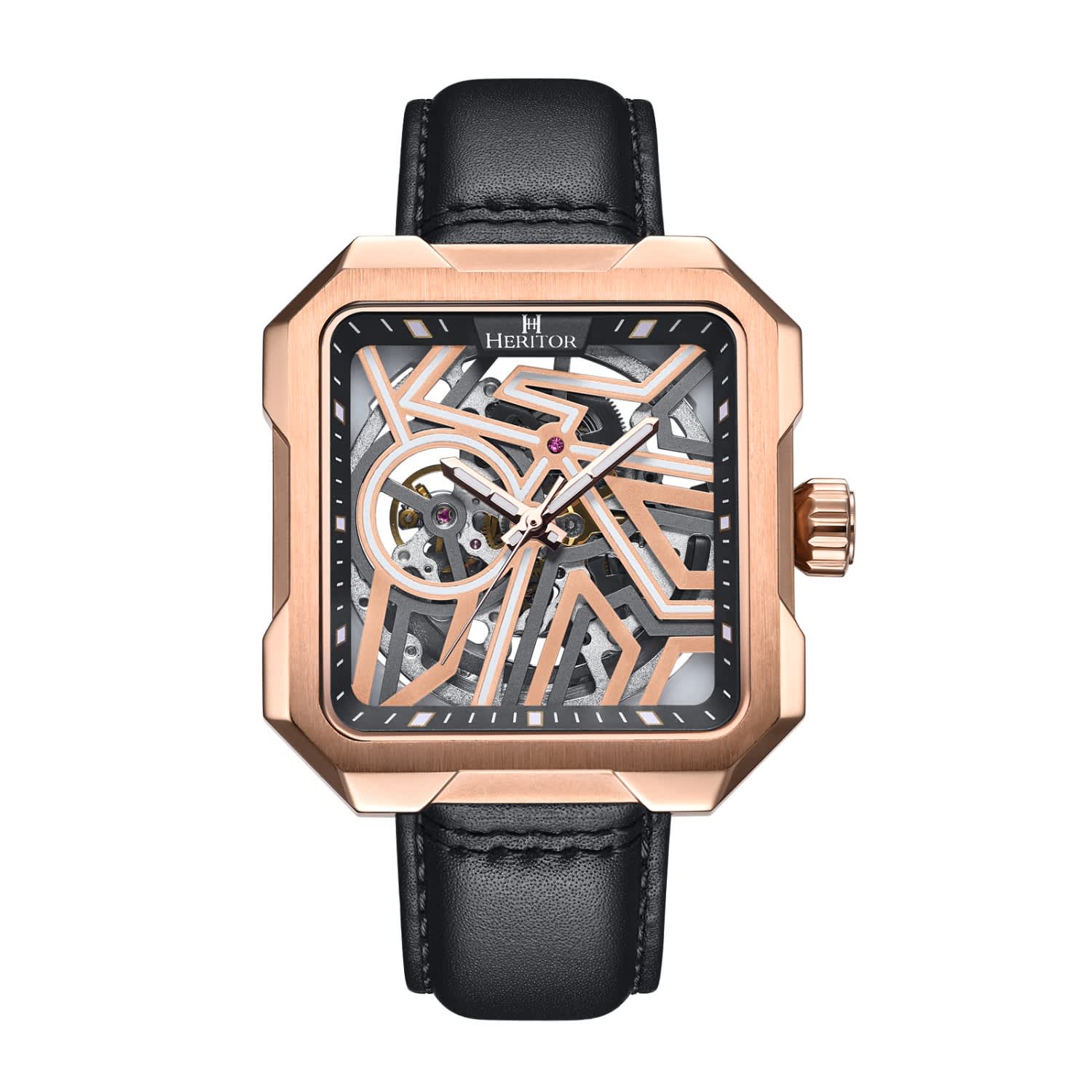 Campbell Leather Band Skeleton Watch Black Rose Gold Heritor