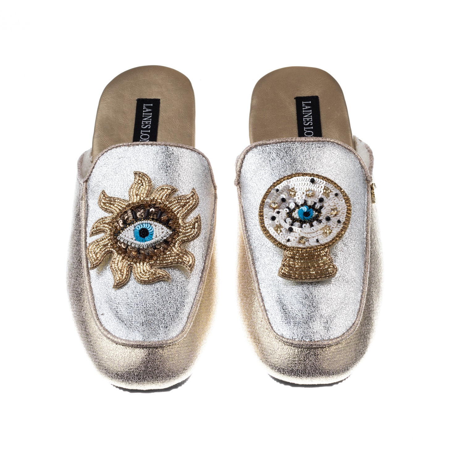 Women’s Gold / Silver Classic Mules With Mystic Eyes Brooches - Silver & Gold Extra Large Laines London