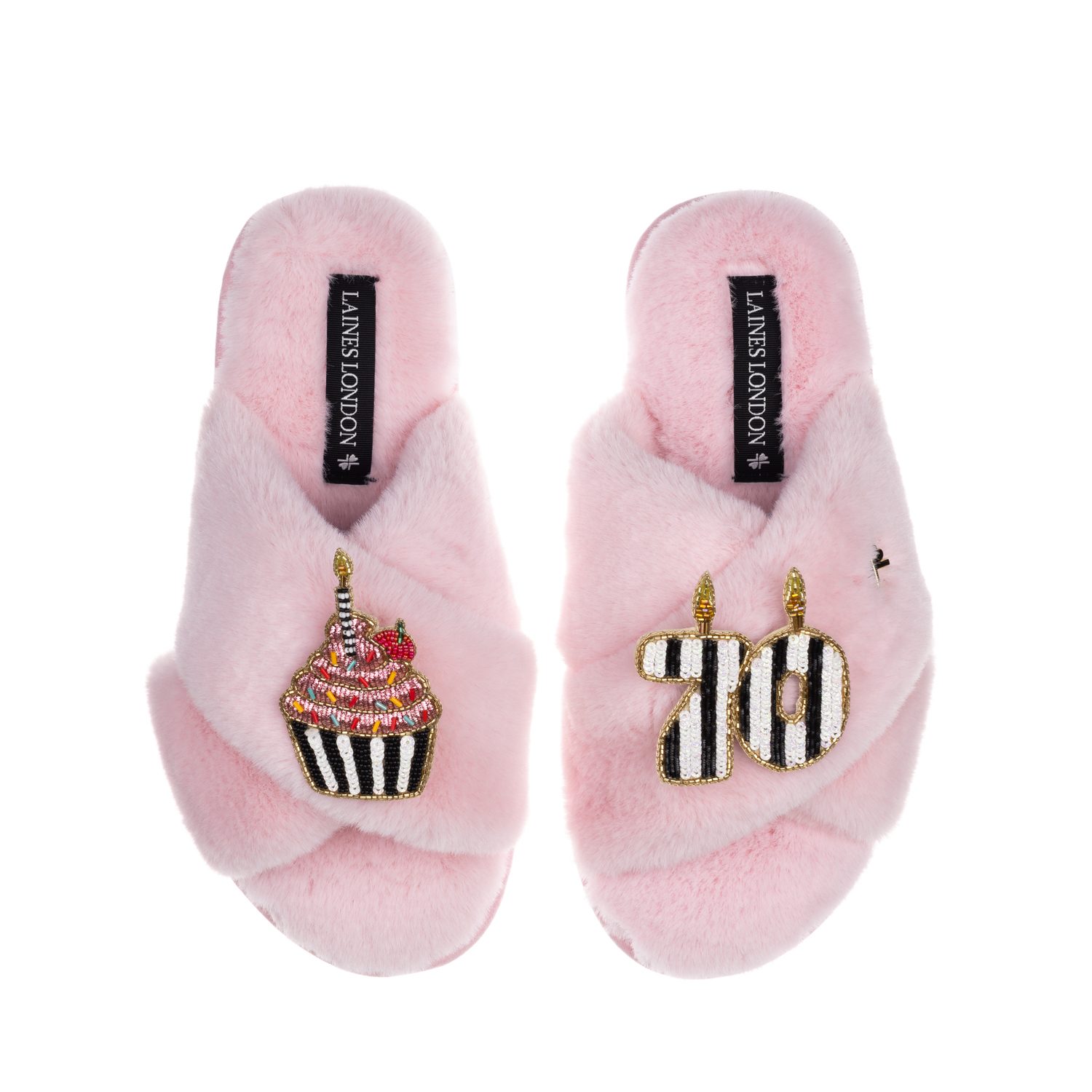 Laines London Women's Pink / Purple Classic Laines Slippers With Stripe 70th Birthday & Cake Brooches - Pink In Pink/purple