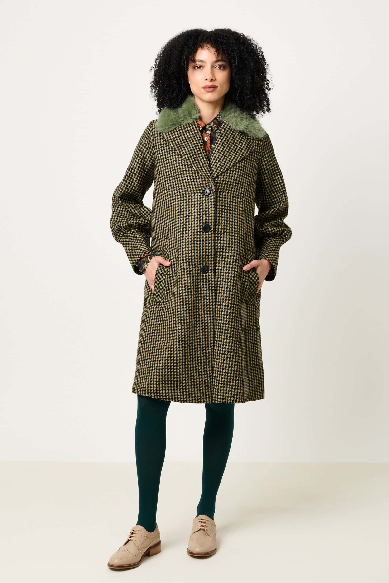 Mischa Burray Fur Collar Statement Sleeve Check Coat - Fern