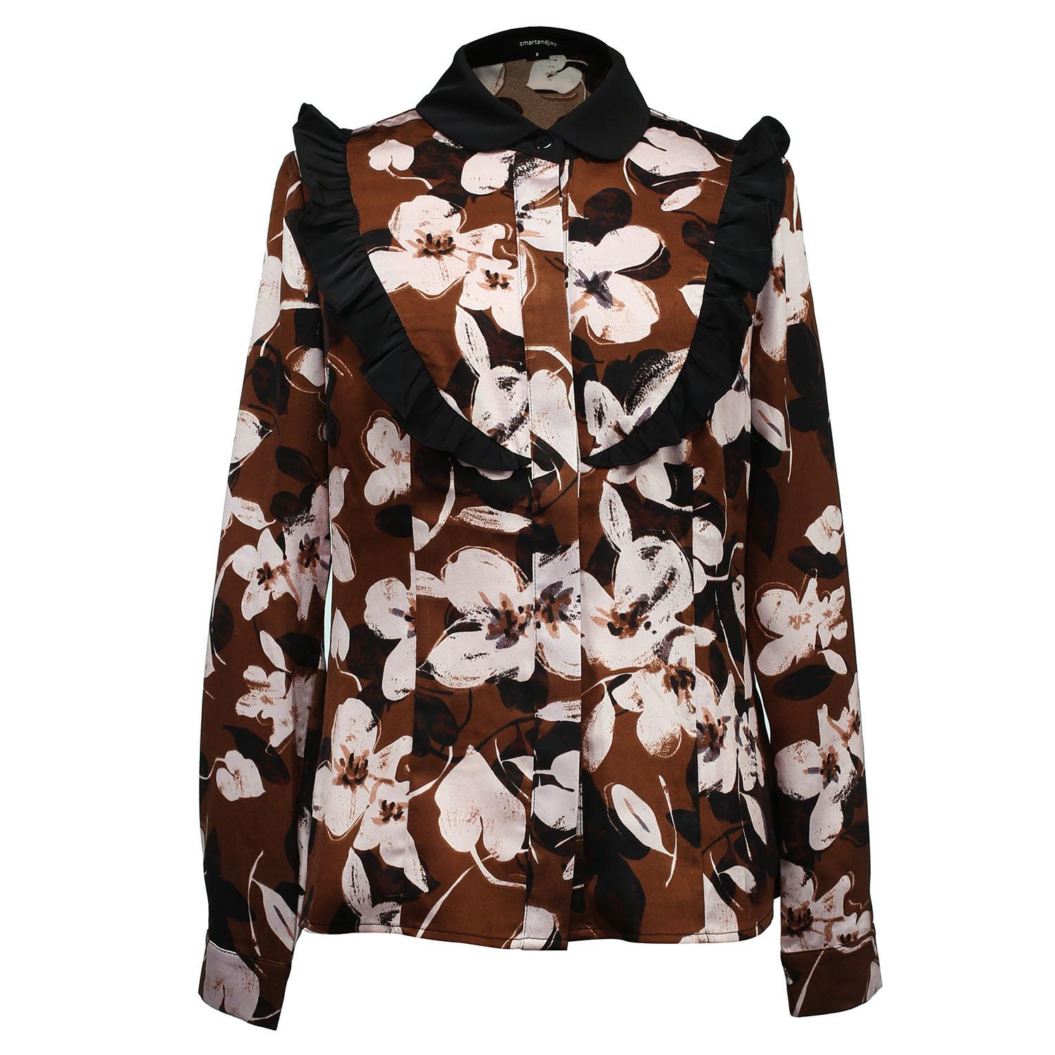 Smart And Joy Women's Brown Ruffle Macro Flower Print Shirt - Coffee In Black