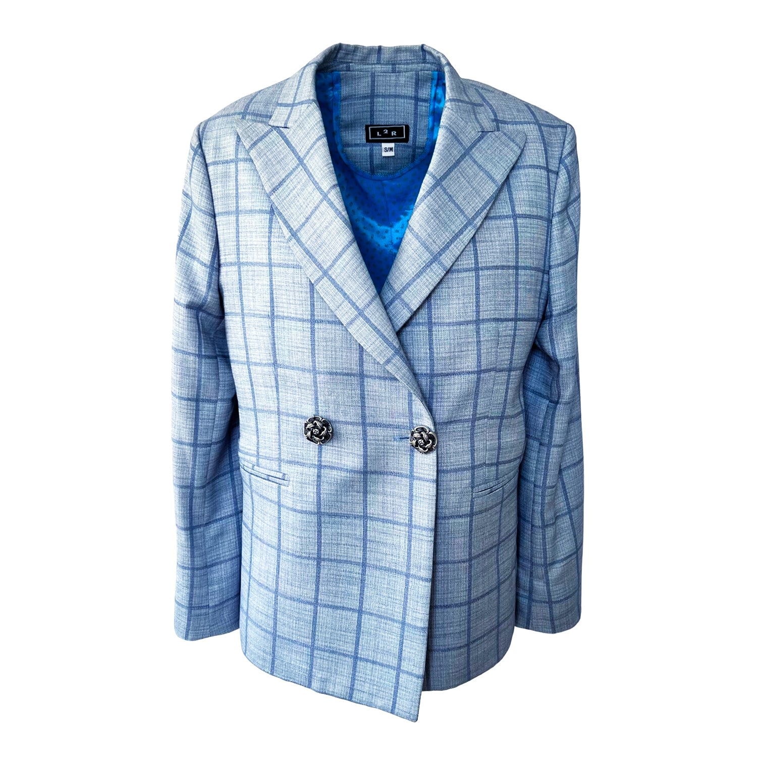 L2r The Label Women's Double-breasted Blazer In Light Blue Plaid