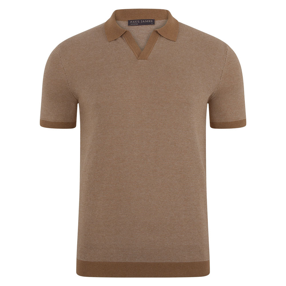 Paul James Knitwear Neutrals Mens Lightweight Cotton Giovanni Honeycomb Buttonless Polo Shirt - Camel In Beige