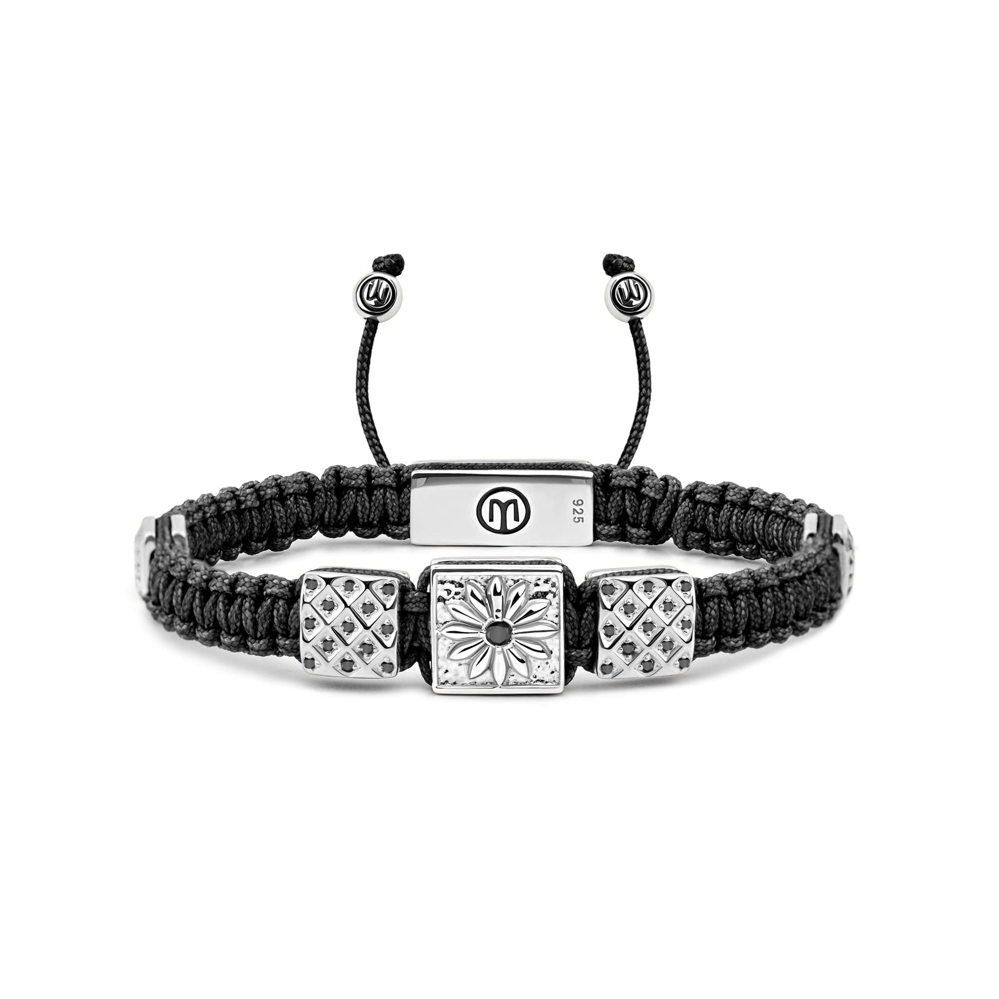 Mahigan Men's Black / Silver Triple Silver Macrame Bracelet With Black Moissanite - Black String In Black