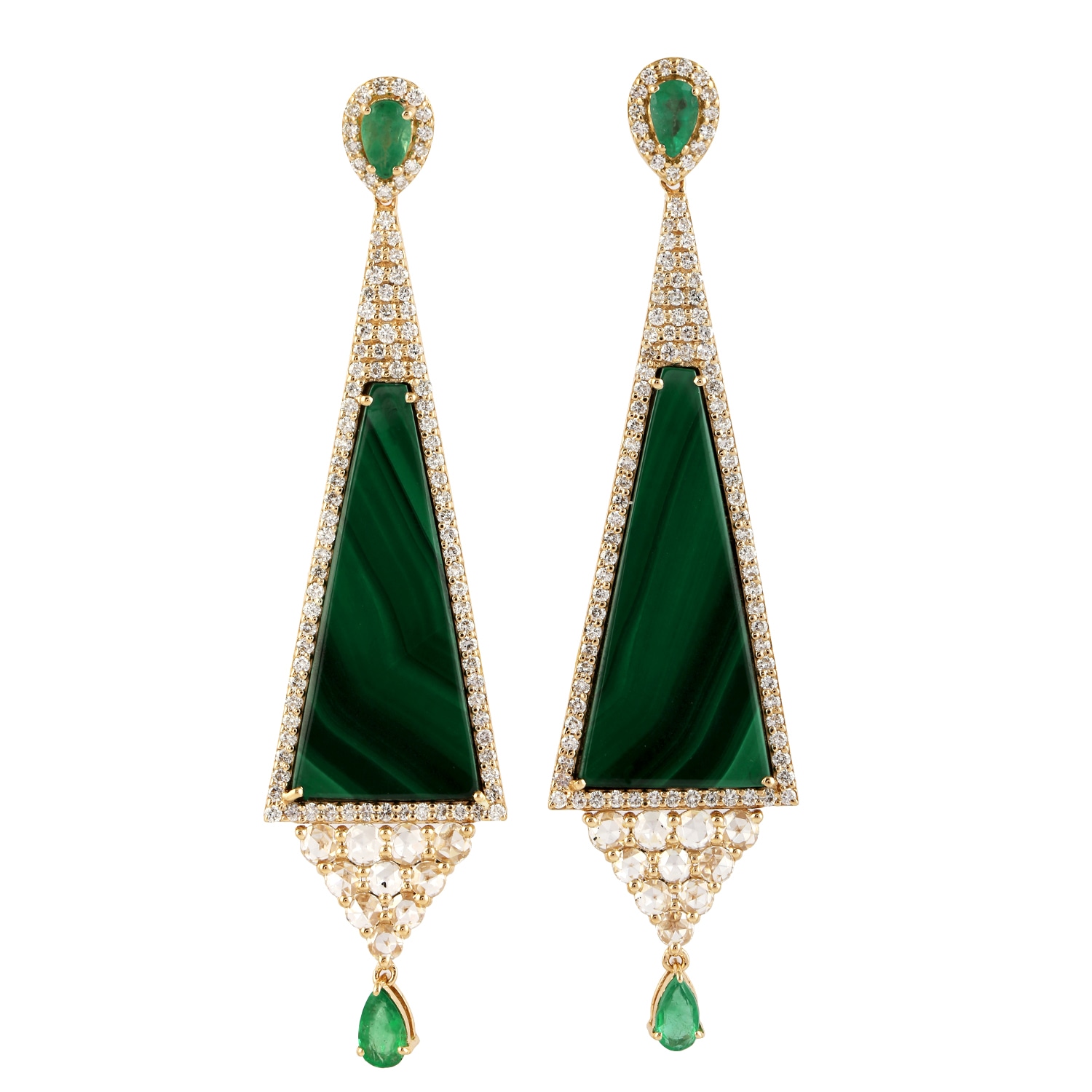 Women’s White / Gold / Green 18K Solid Gold Natural Diamond Emerald & Malachite Gemstone Pyramid Dangle Earrings Artisan