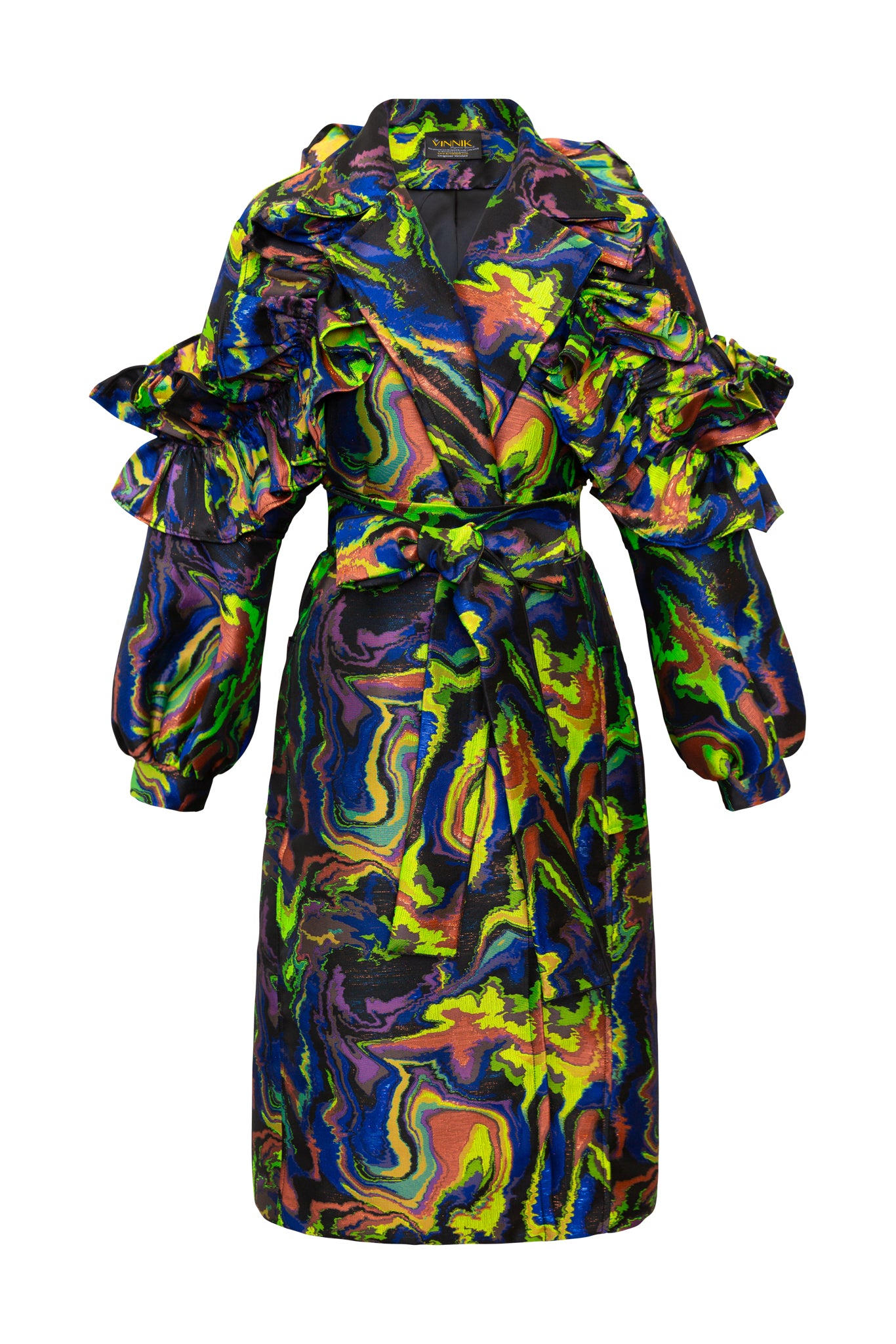 Byvinnik Women's Orange / Green / Blue Ruffle Trench Coat In Brat Marble Jacquard In Multi