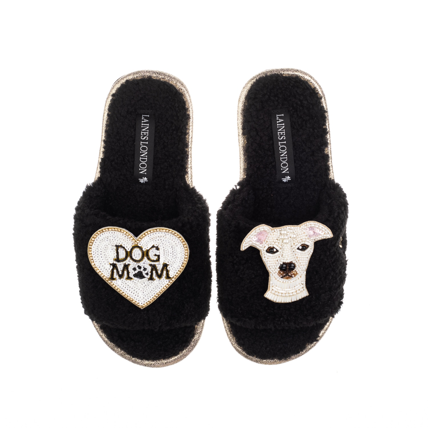 Laines London Women's Teddy Toweling Slippers With Olive The Italian Greyhound & Dog Mum / Mom Brooches - Black In Black