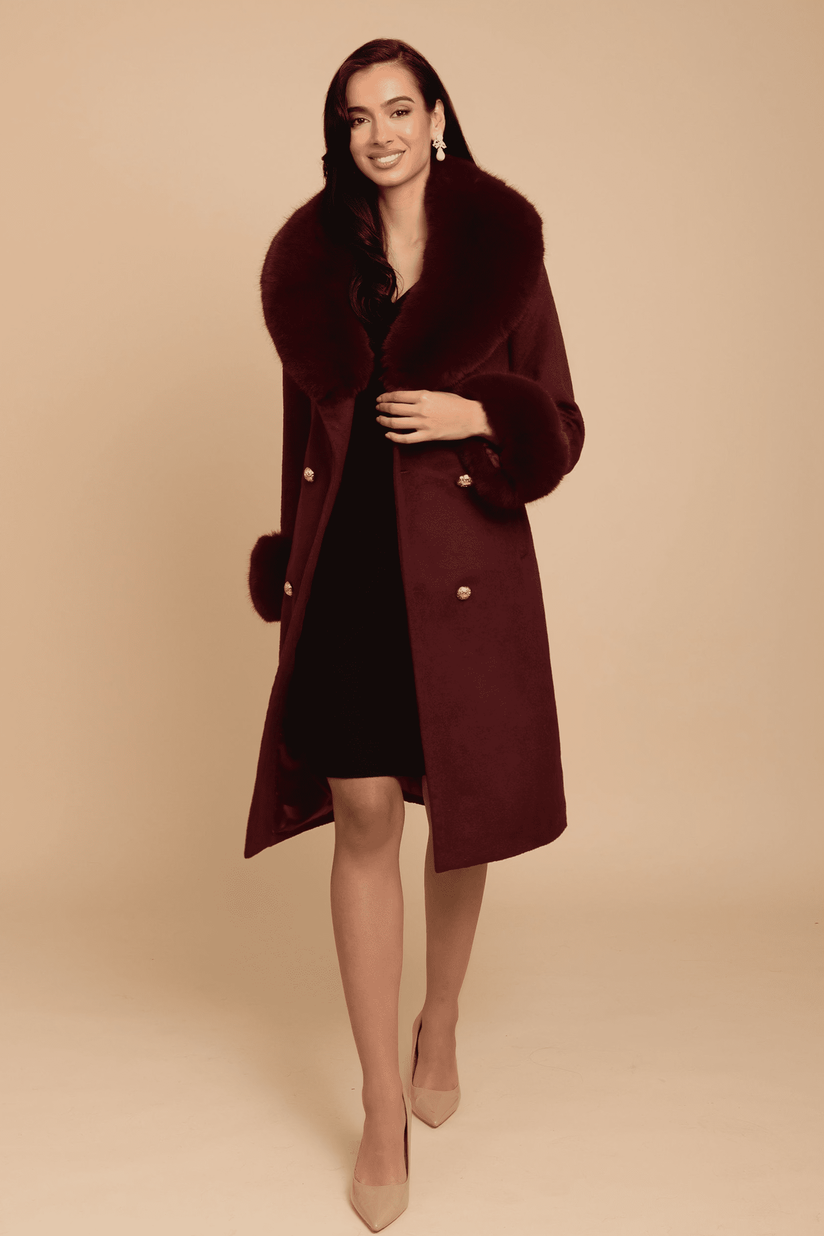 Marlene Cashmere & Wool Coat With Faux Fur In Rosso | Santinni