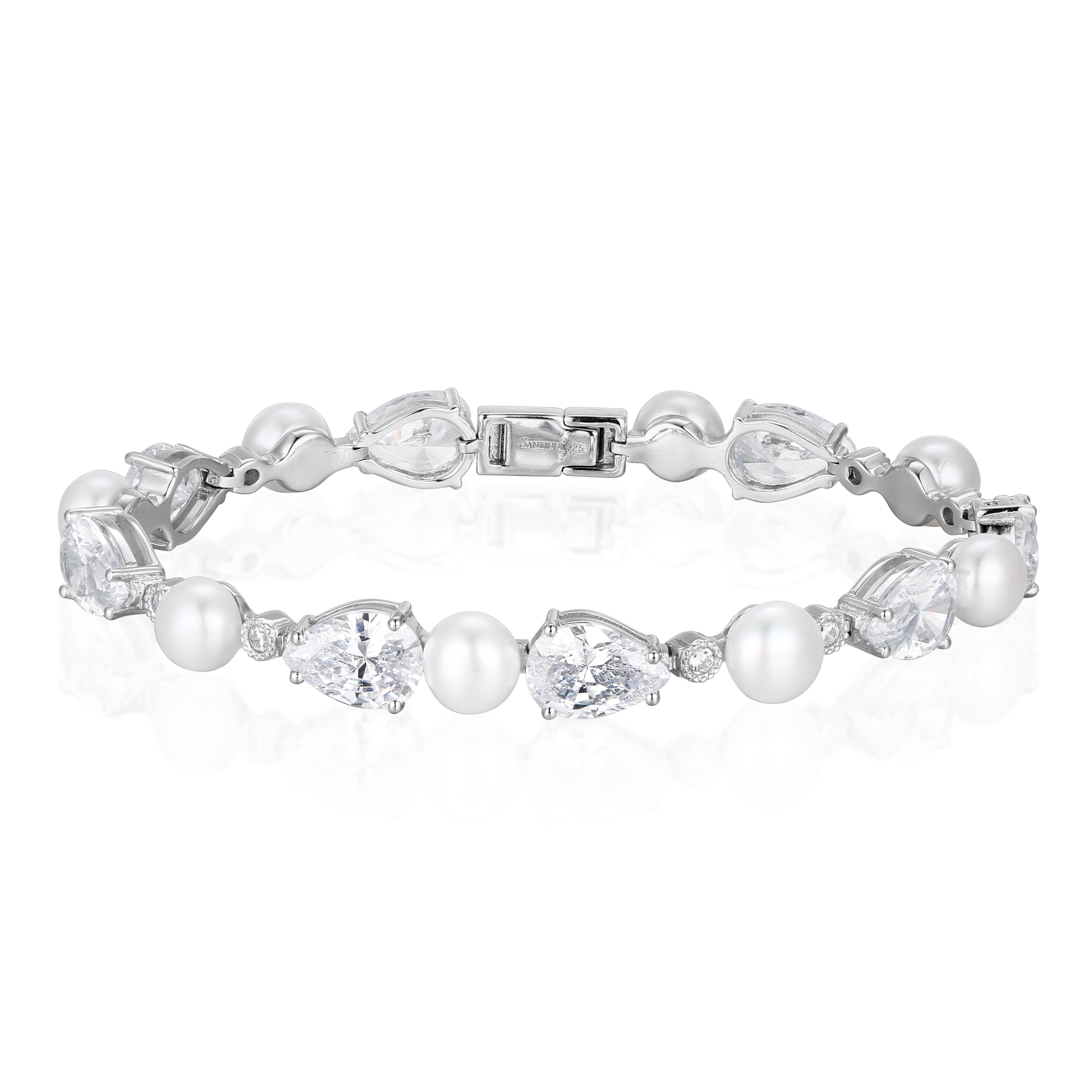 Women’s Tesoro Freshwater Pearl & Zircon Crystal Silver Bracelet Santinni