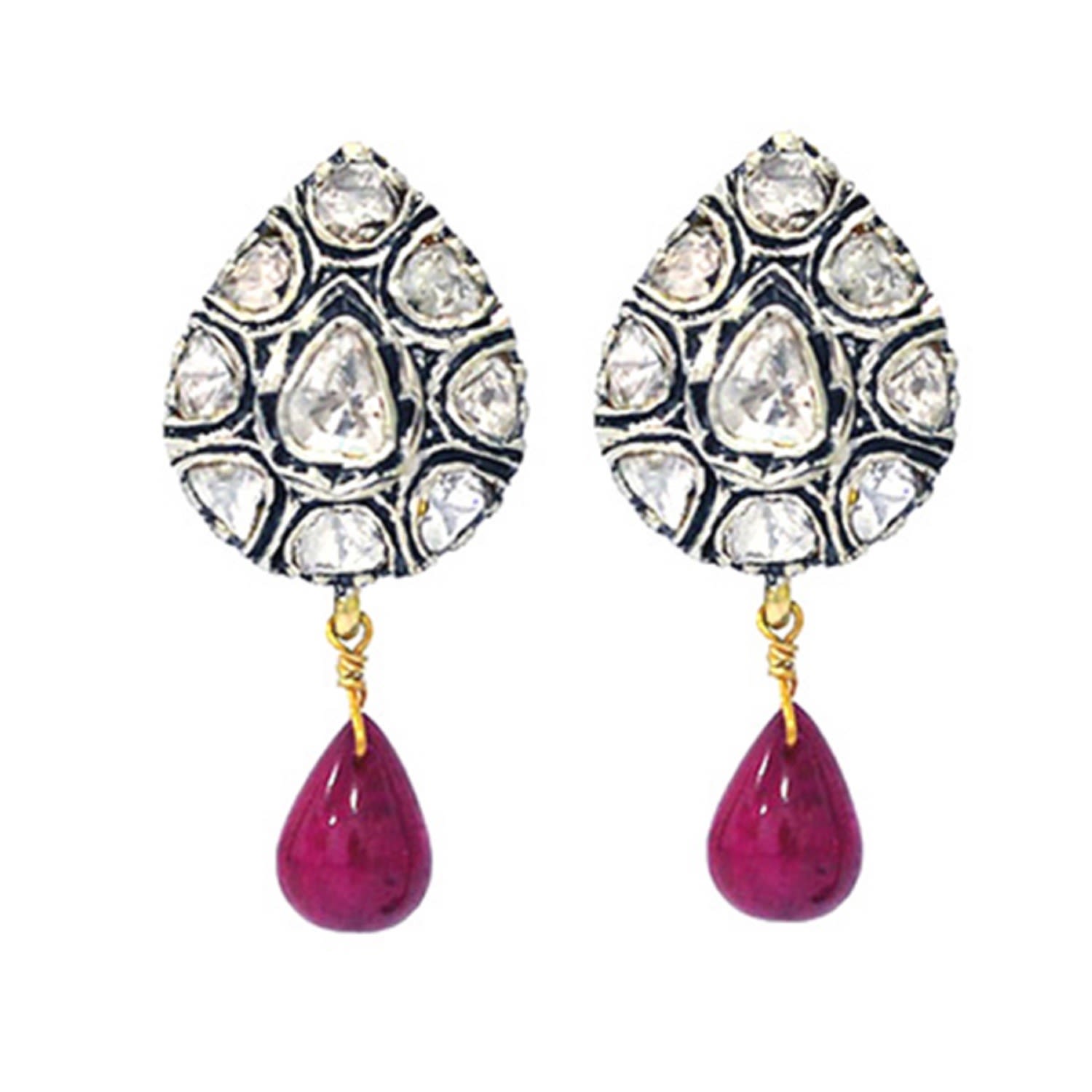 Women’s Gold / White / Silver Diamond 14K Gold Silver Ruby Pear Shape Dangle Earrings Indian Ethnic Jewelry Artisan