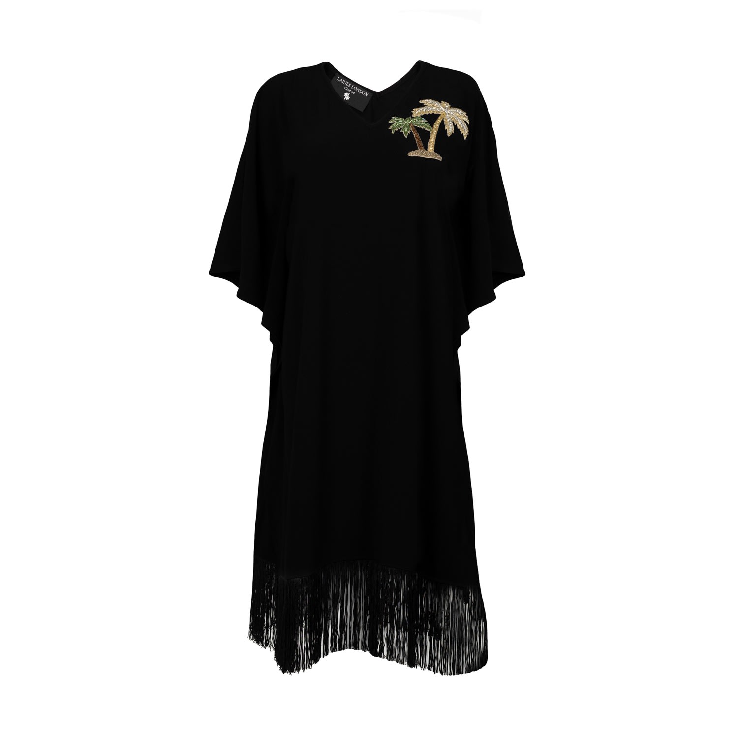 Laines London Women's Laines Couture Fringed Tassel Kaftan With Embellished Palm Tree - Black In Black