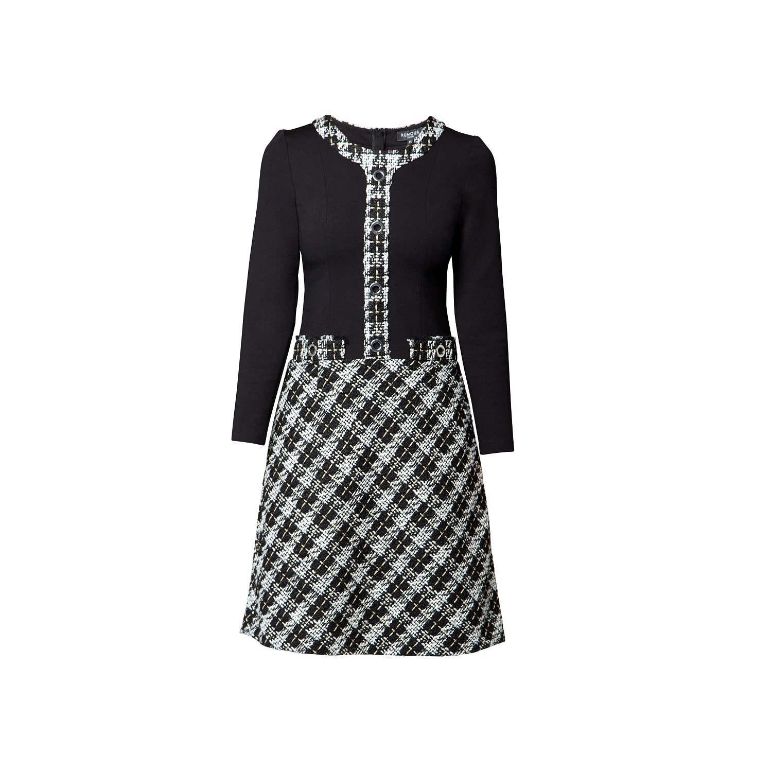 Women's White / Black Beatrice Jersey Dress With Checked Tweed Skirt