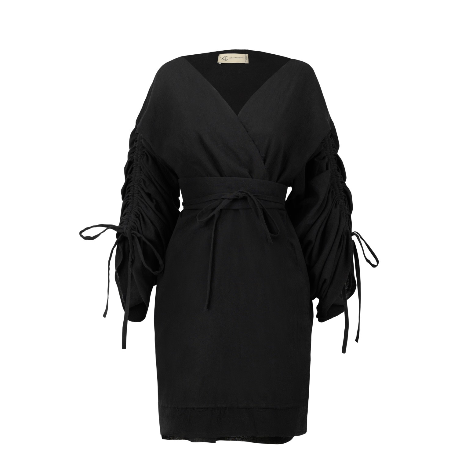 Alina Cernatescu Women's Kimono Kyoto Black Cotton Midi-length With Long Sleeves And Adjustable Drawstring In Black