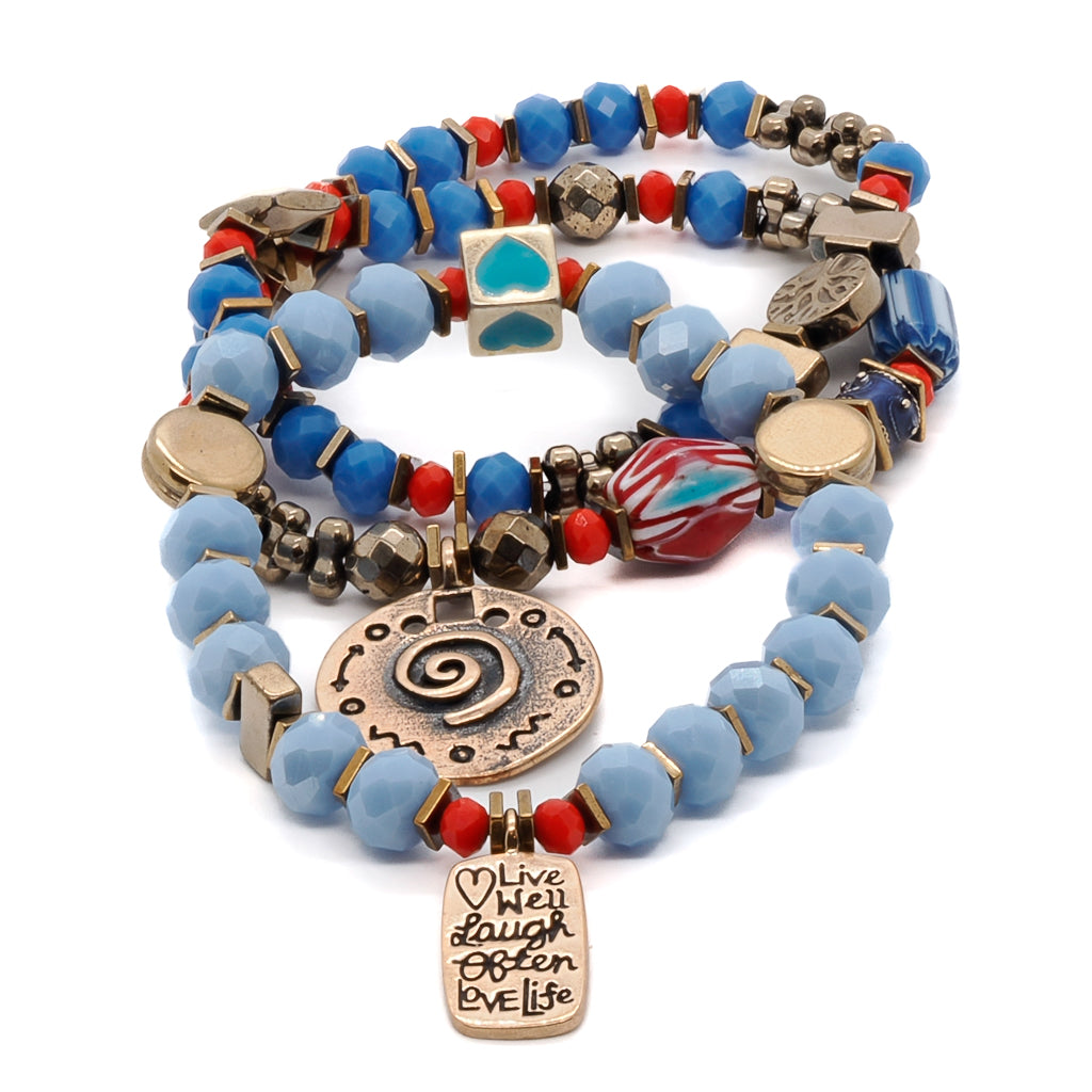 Women’s Gold / Blue / Red Love Spiritual Life Symbols Blue Beaded Bracelet Set - Blue Ebru Jewelry