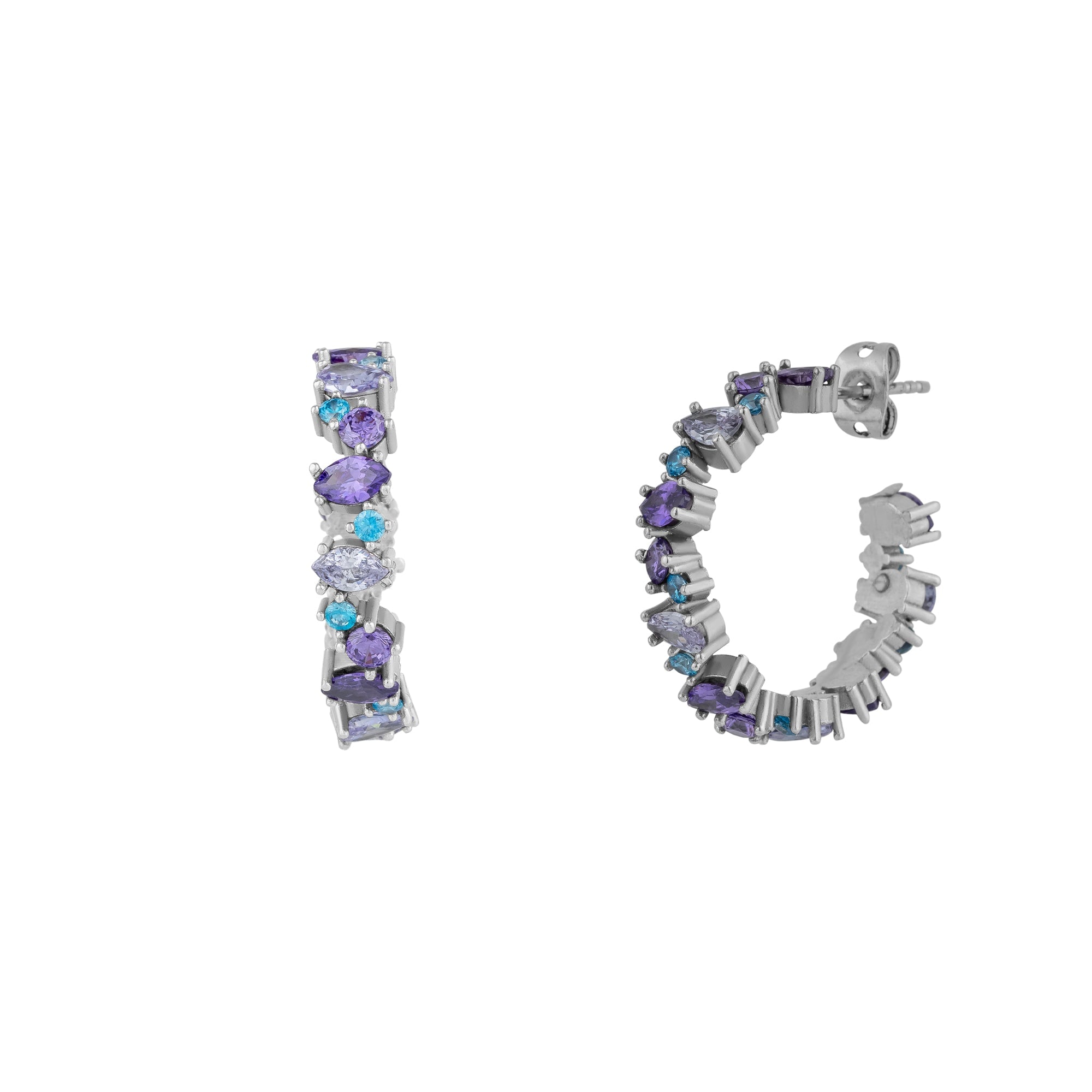 Mejoma Women's Pink / Purple / Blue Textured Cubic Zirconia Silver Floral Hoop Earring - Blue & Amethyst Co