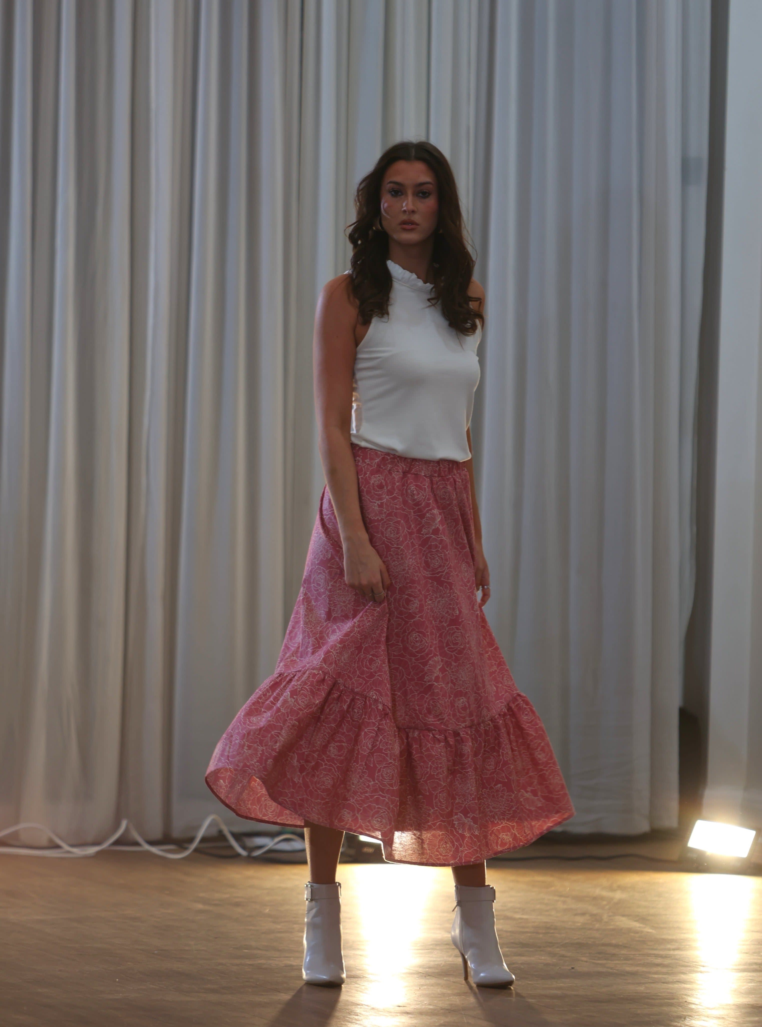 Boho Gathered Midi Skirt With Pockets In Rose Pink Floral