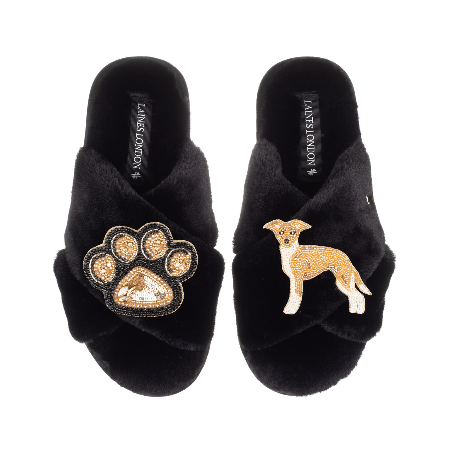 Laines London Women's Classic Laines Slippers With Paw & Fawn & White Italian Greyhound Brooches - Black In Black