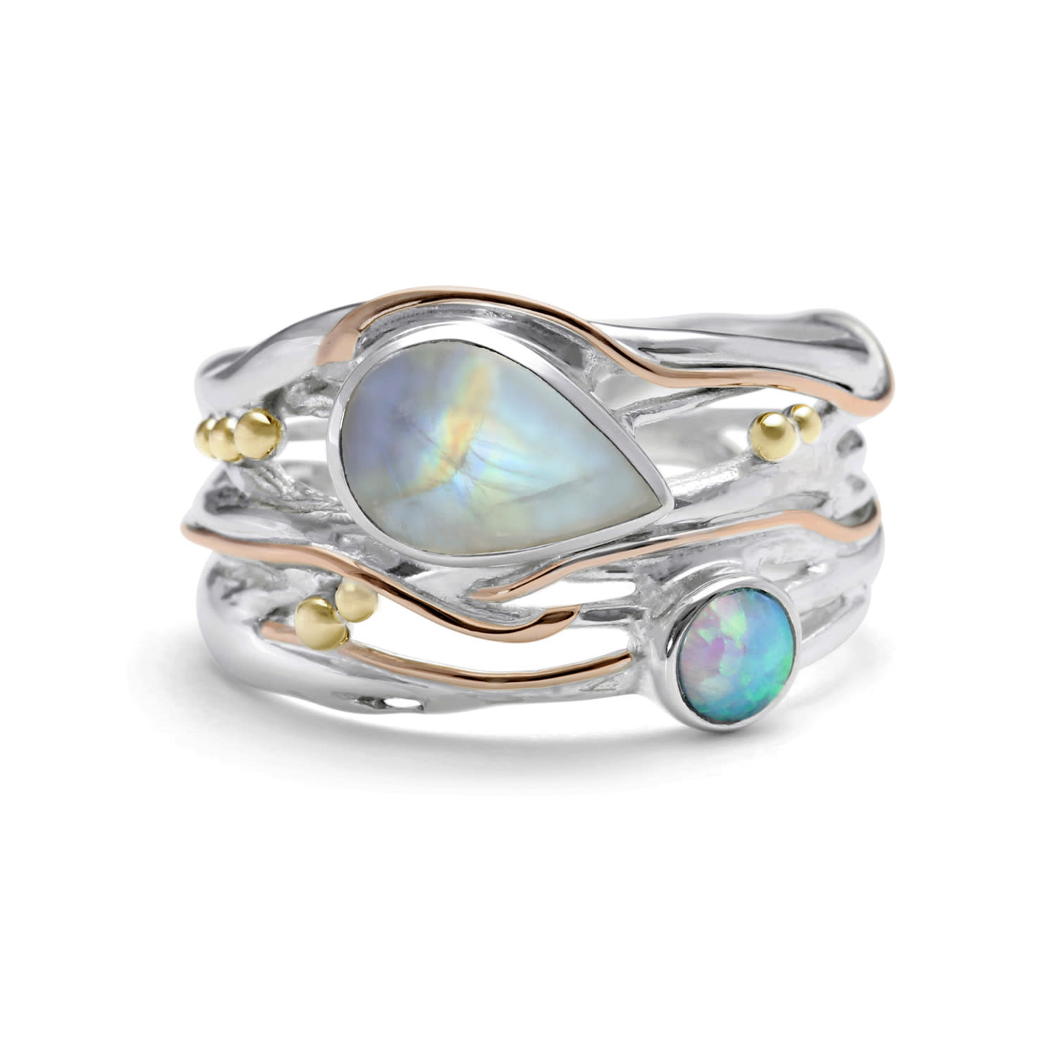 Isla Silver Women's Blue / White / Silver Rainbow Moonstone & Fire Opalite Statement Ring