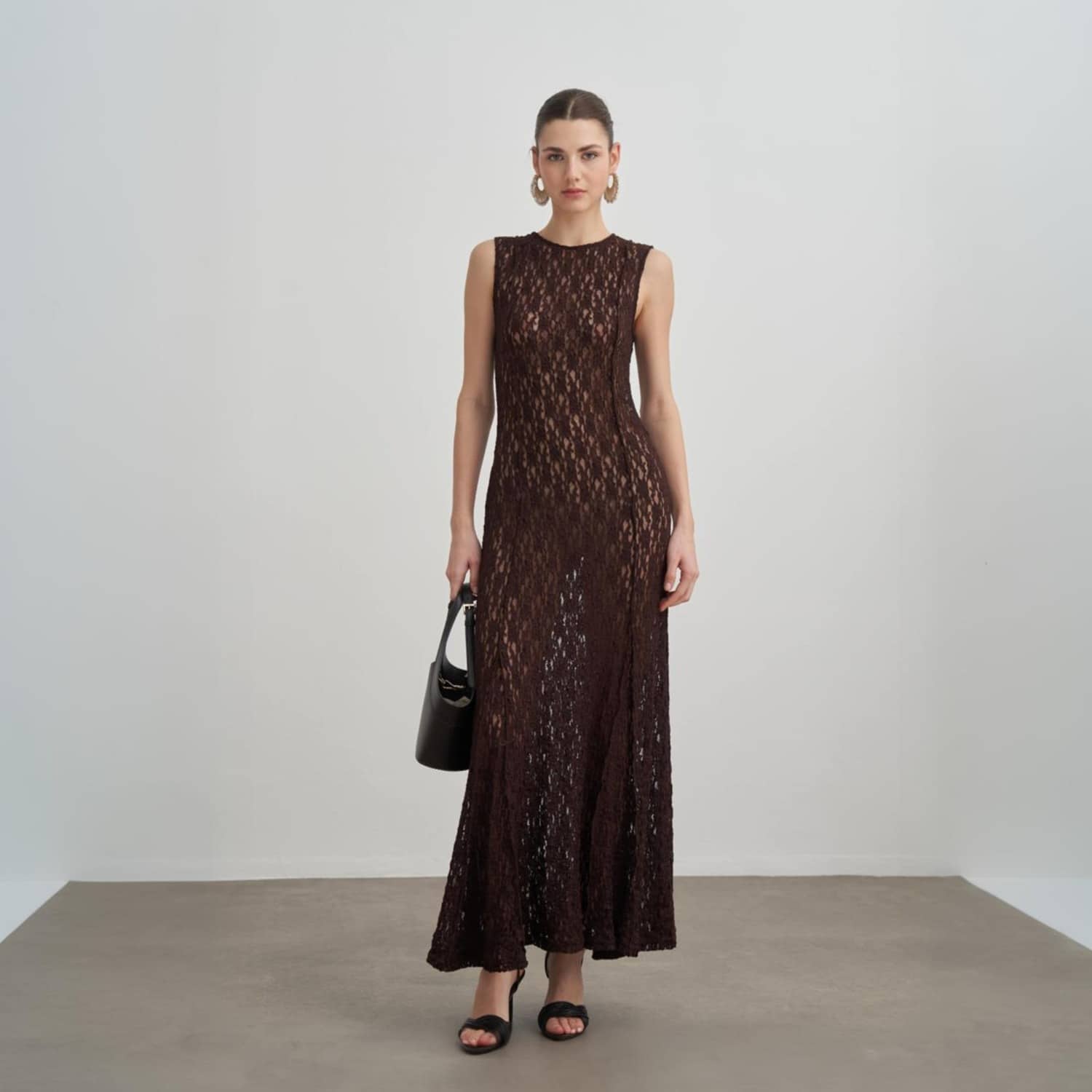 brown and lace dress Rose Cutwork Inserted Button Down Maxi in Brown M topped V neckline Elegant Brown Pencil Lace Dress: