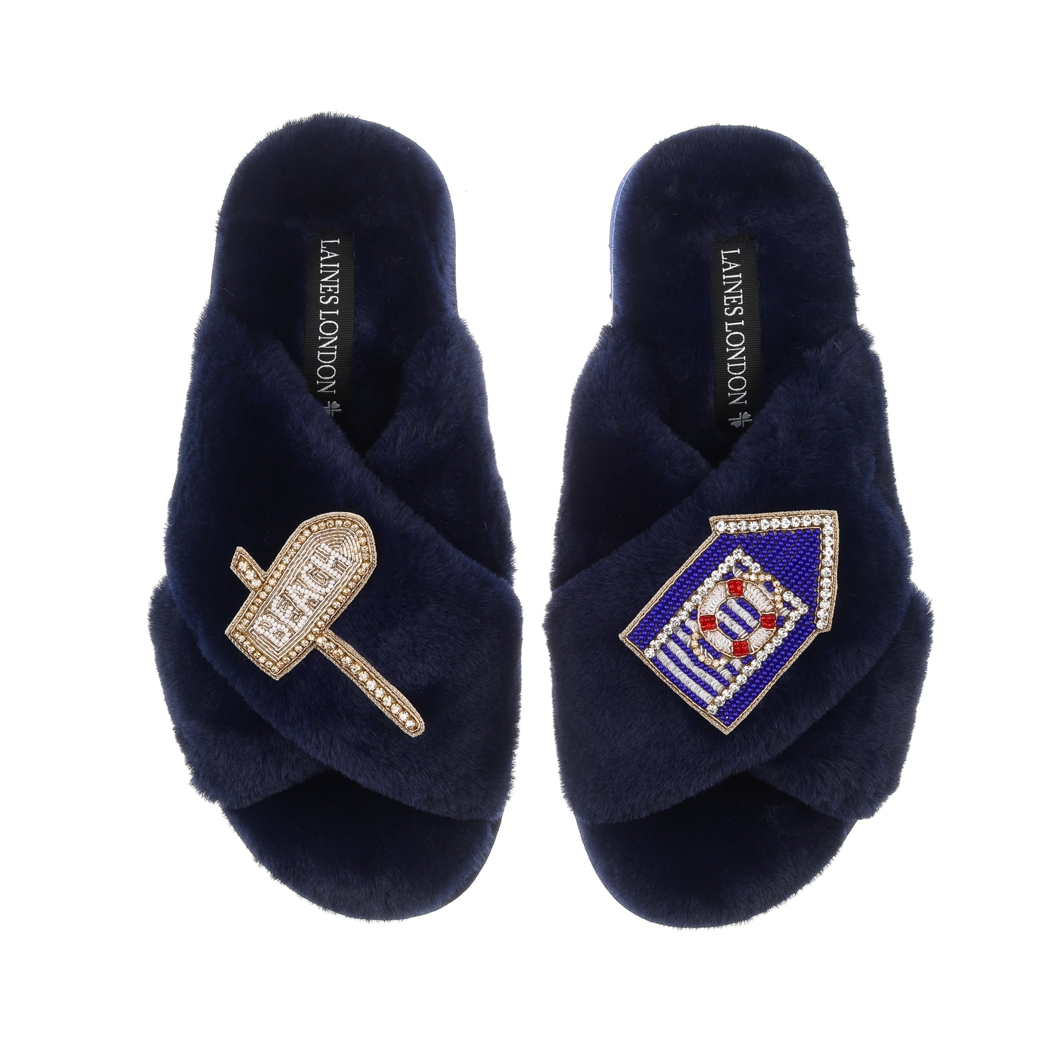 Women’s Blue Classic Laines Slippers With Beach Hut & Beach Sign Brooches - Navy Small Laines London