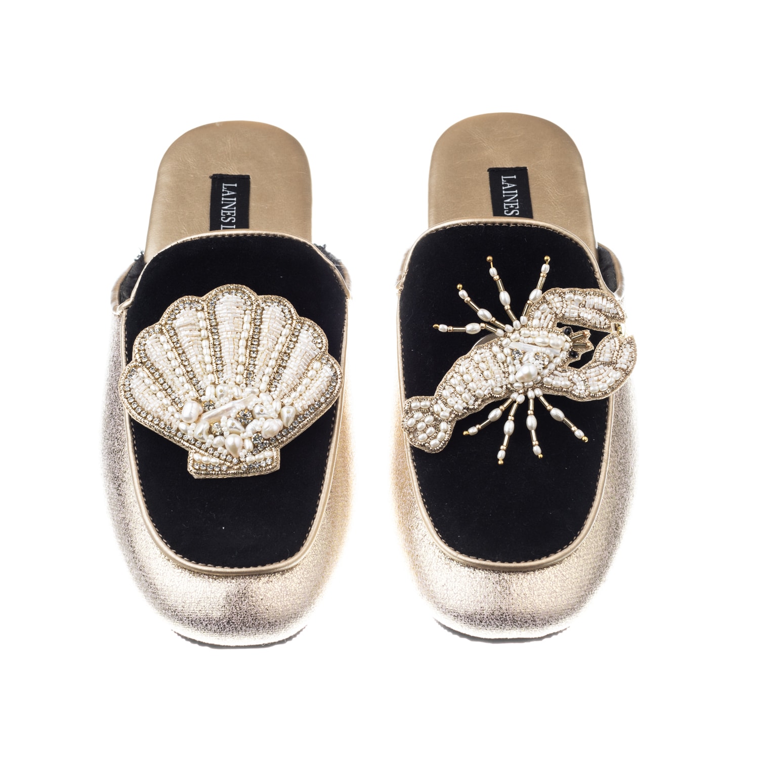 Laines London Women's Black / Gold Classic Mules With Pearl Shell & Lobster Brooches - Black & Gold